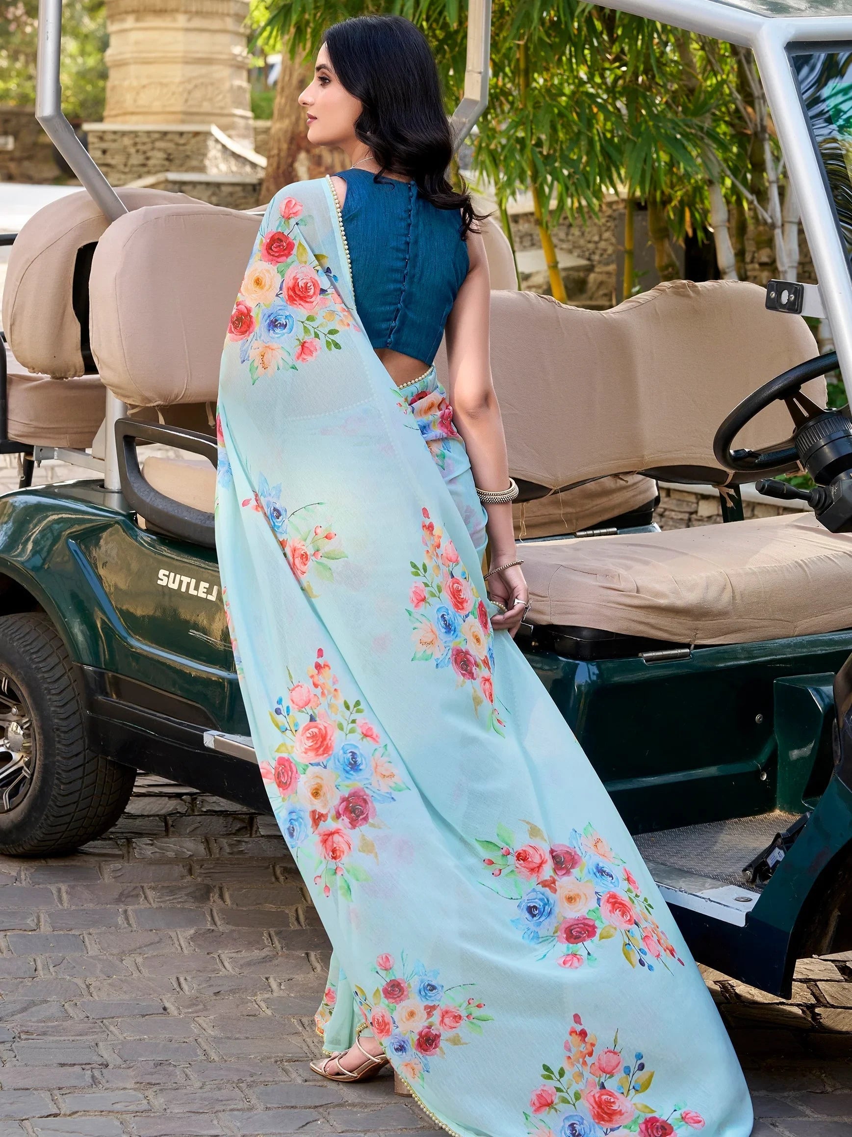 Sky Blue Crepe Floral Printed Office Wear Saree With Blouse