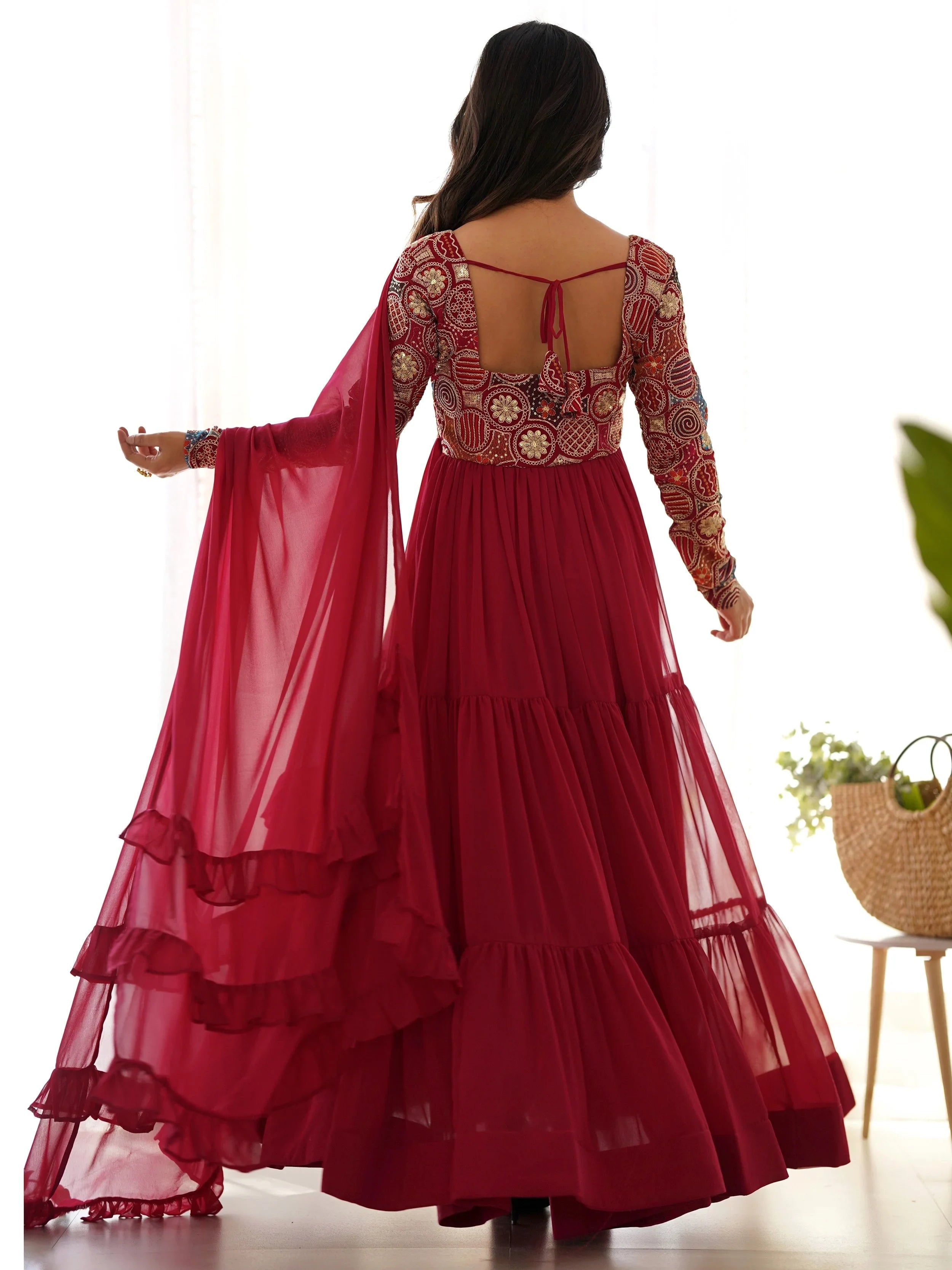 Maroon Embroidered Georgette Festive Wear Gown With Dupatta for Women