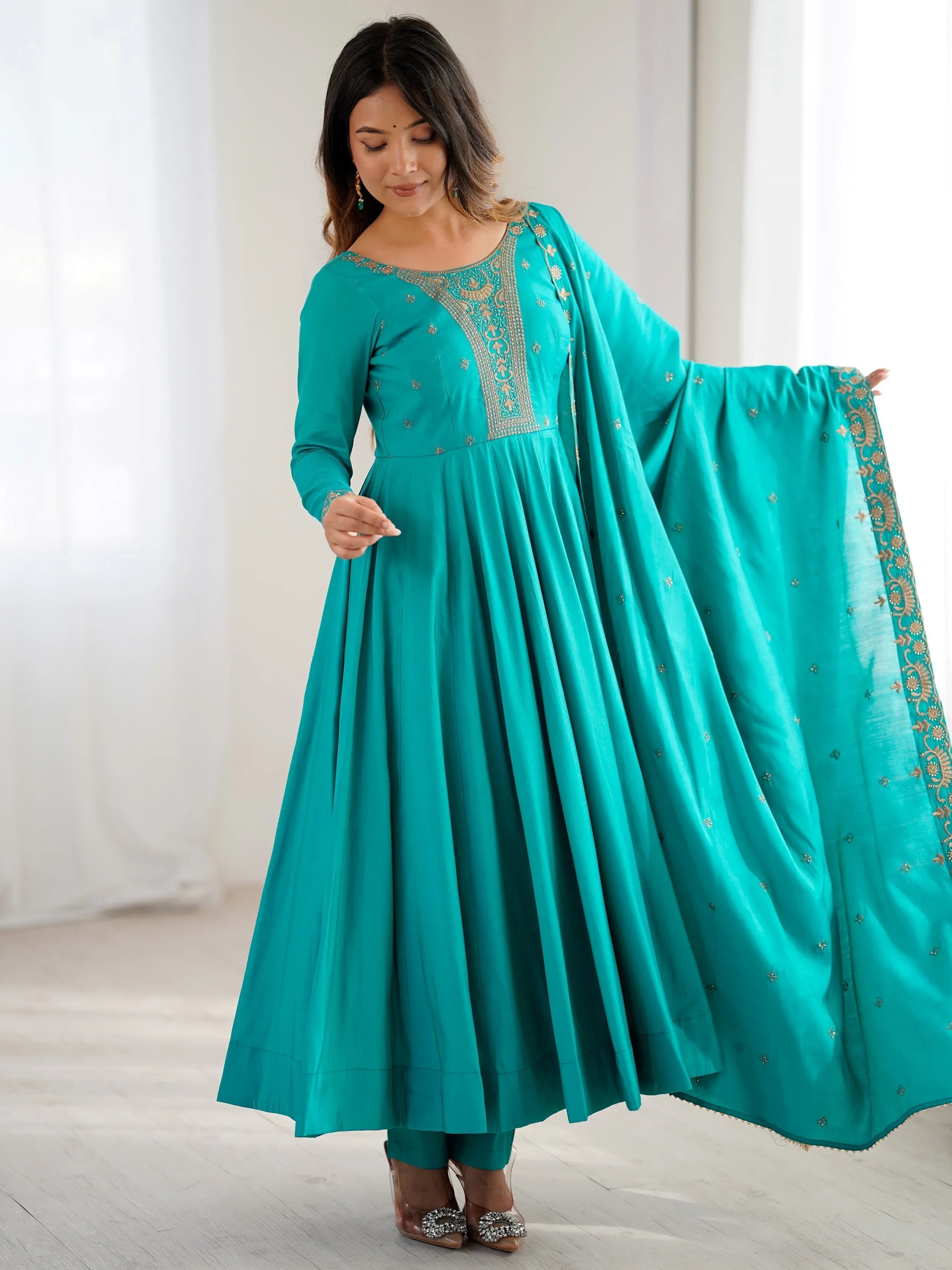Sparkling Blue Beads Work Silk Festive Wear Salwar Kameez for Women