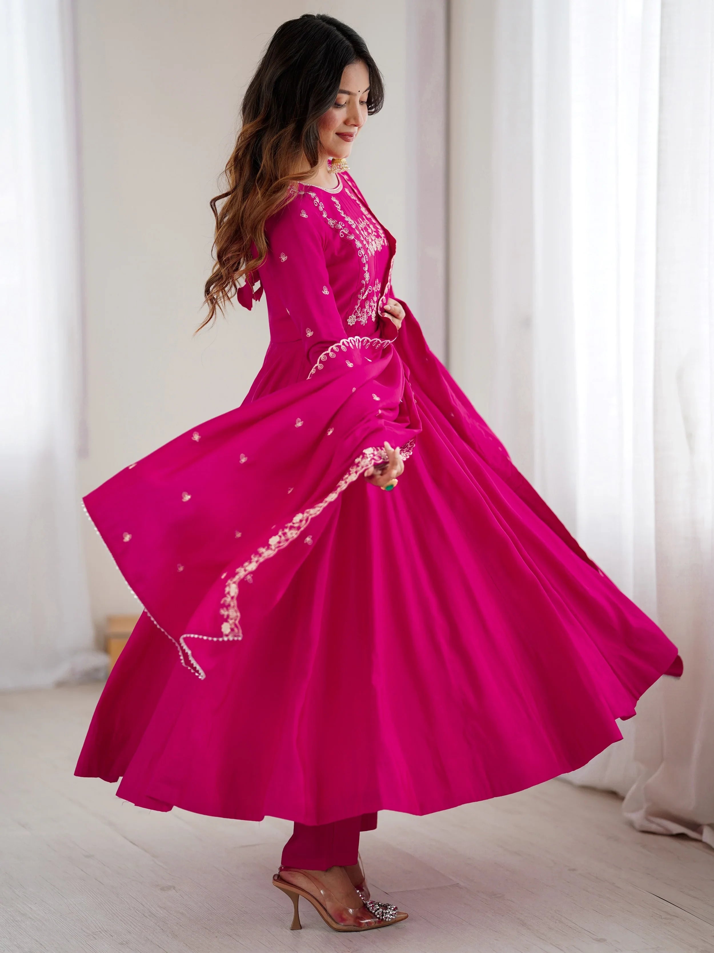 Glowing Pink Beads Work Chanderi Silk Festival Wear Anarkali Suit for Women