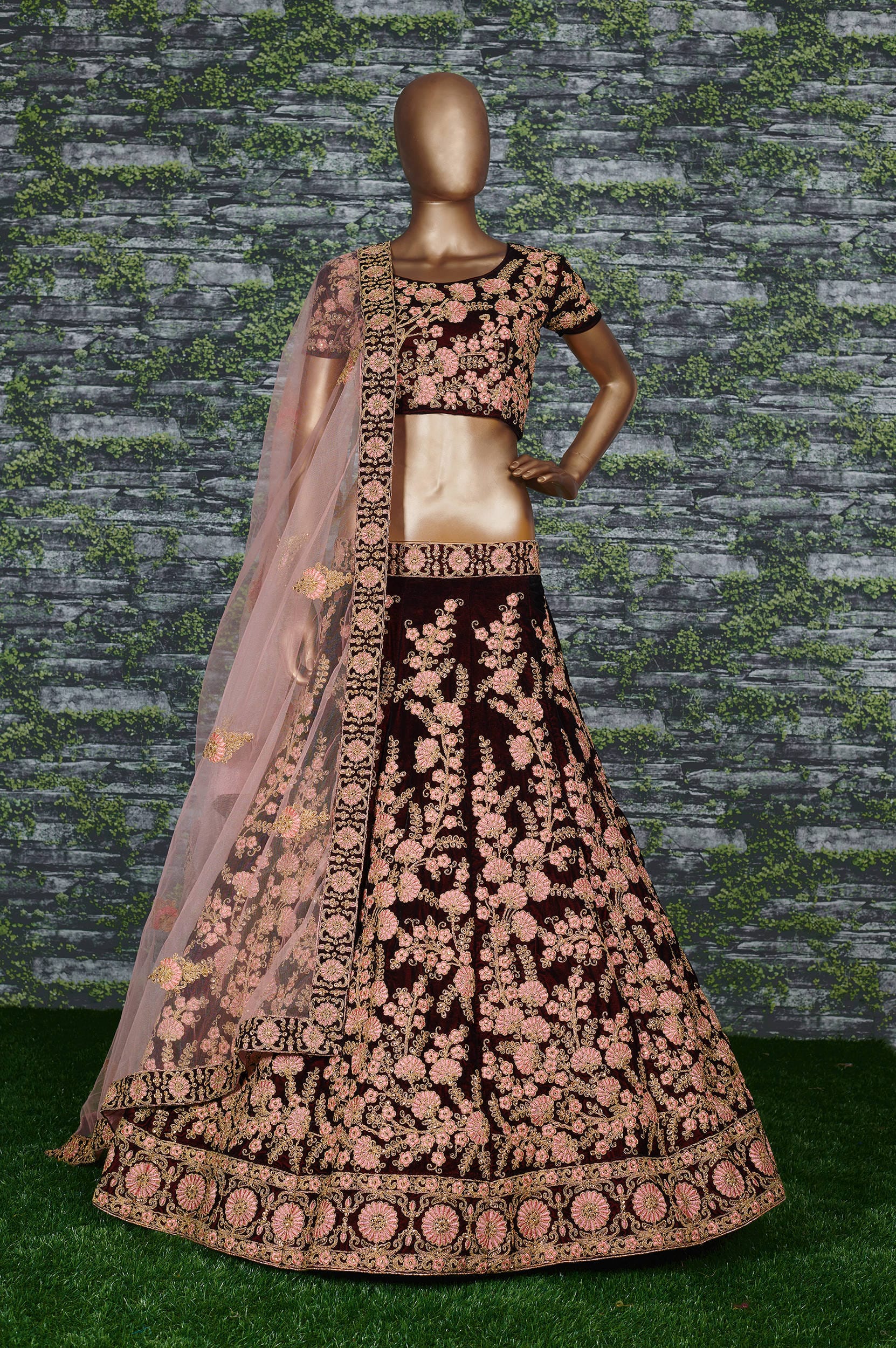 Maroon Thread Embroidered Velvet Silk Bridal Lehenga Choli and Pastel Pink Dupatta