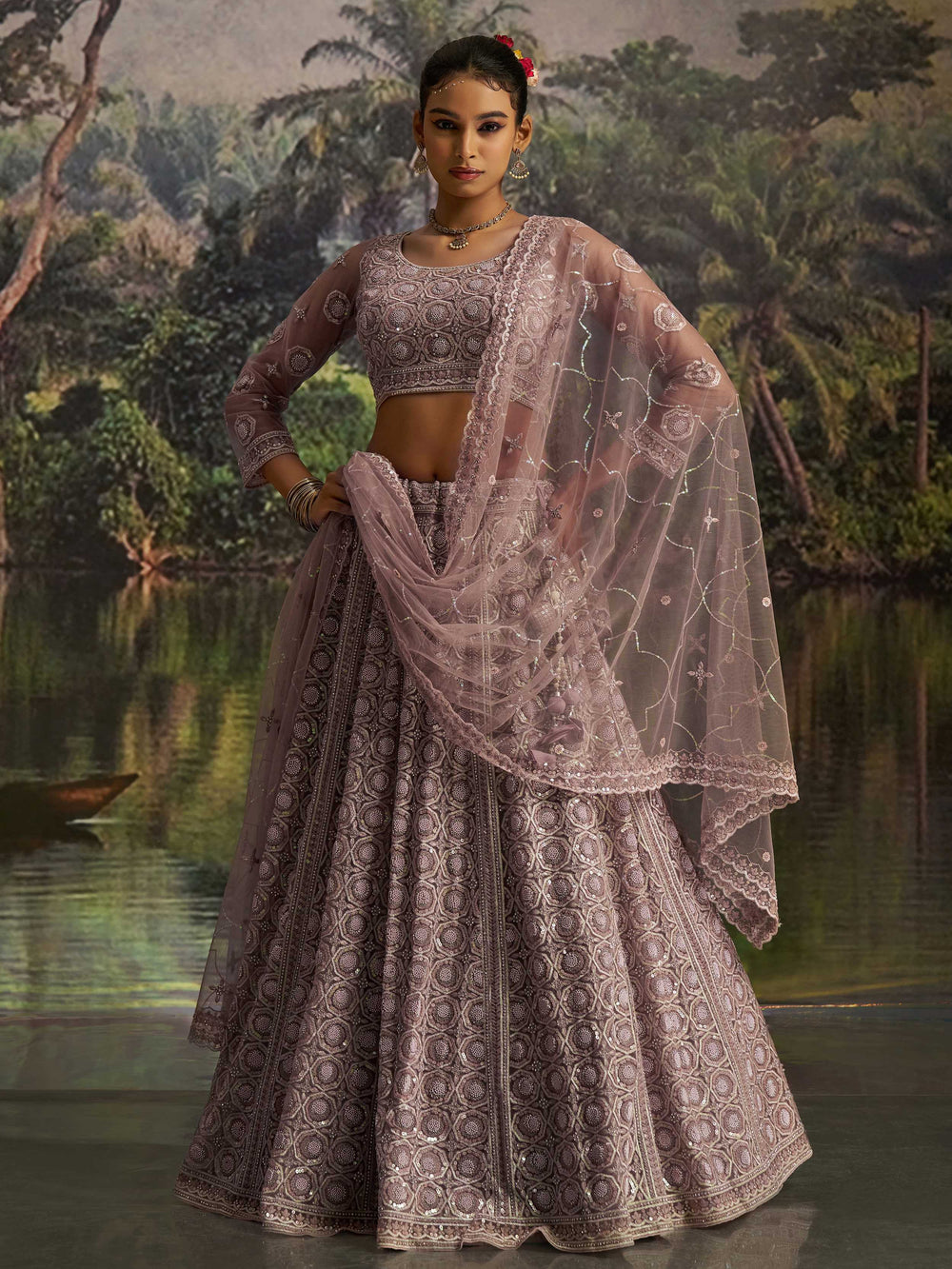 Mauve Net Pearl Work Function Wear Lehenga Choli With Dupatta for Women