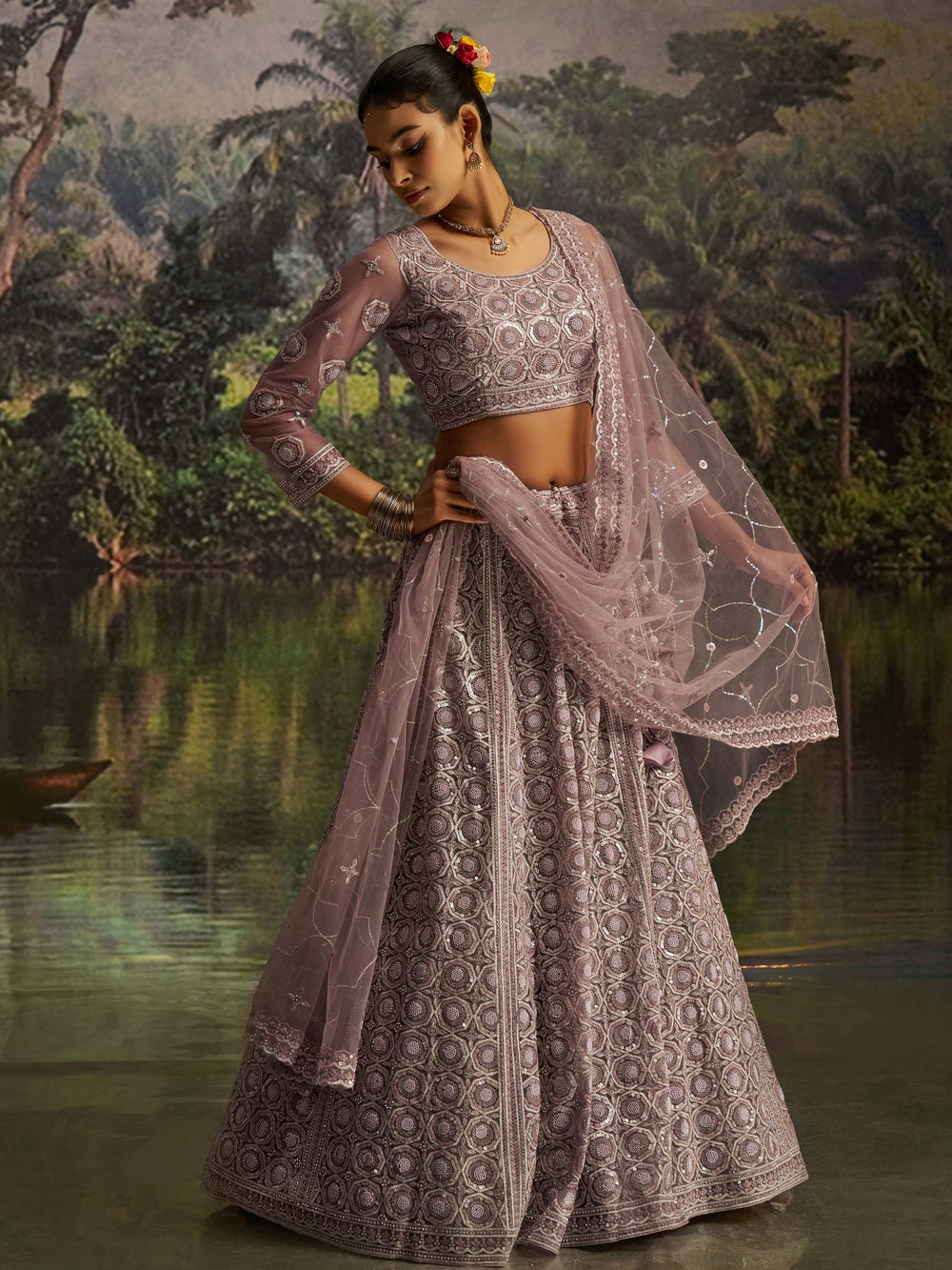 Mauve Net Pearl Work Function Wear Lehenga Choli With Dupatta for Women