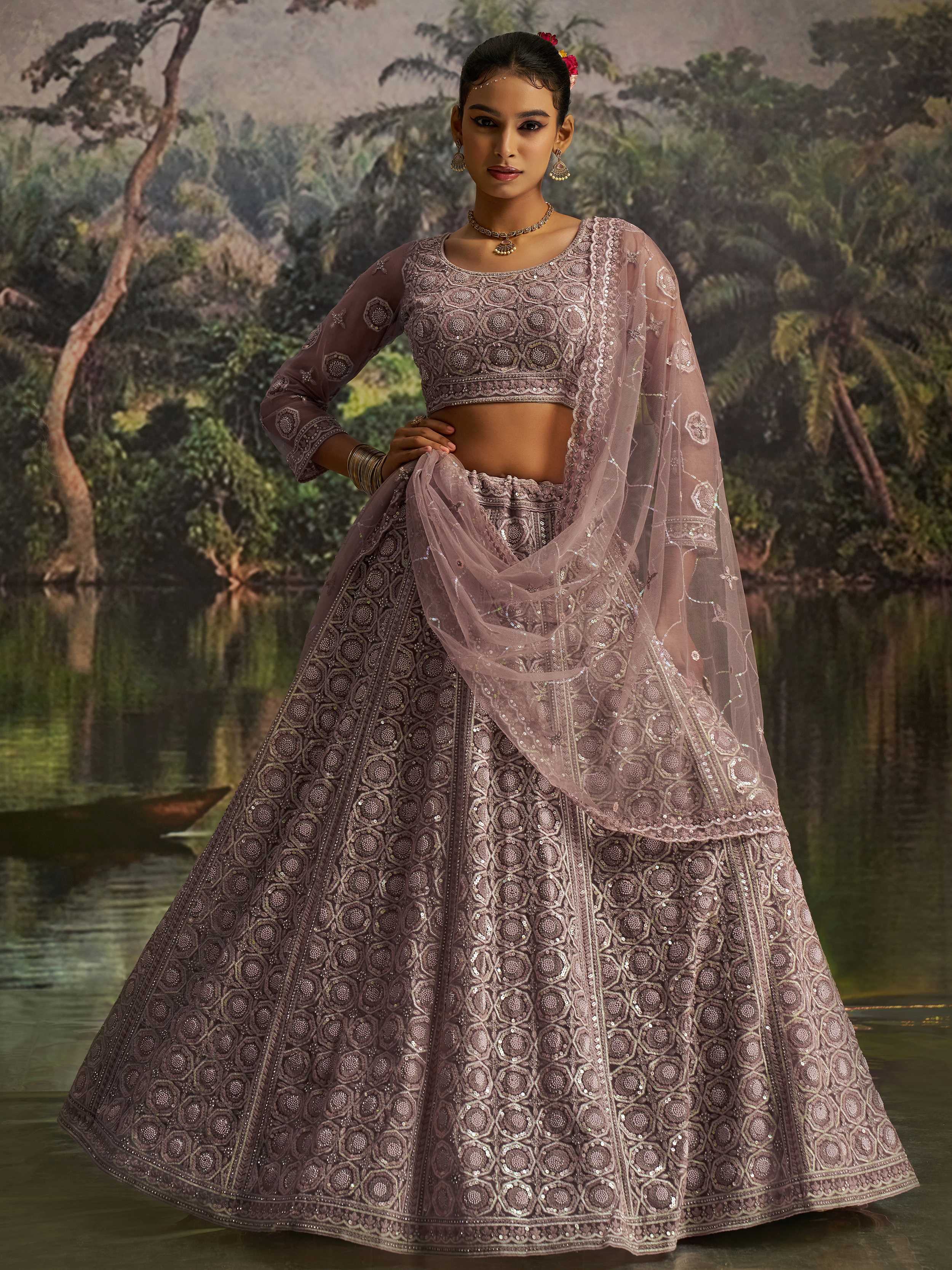 Mauve Net Pearl Work Function Wear Lehenga Choli With Dupatta for Women