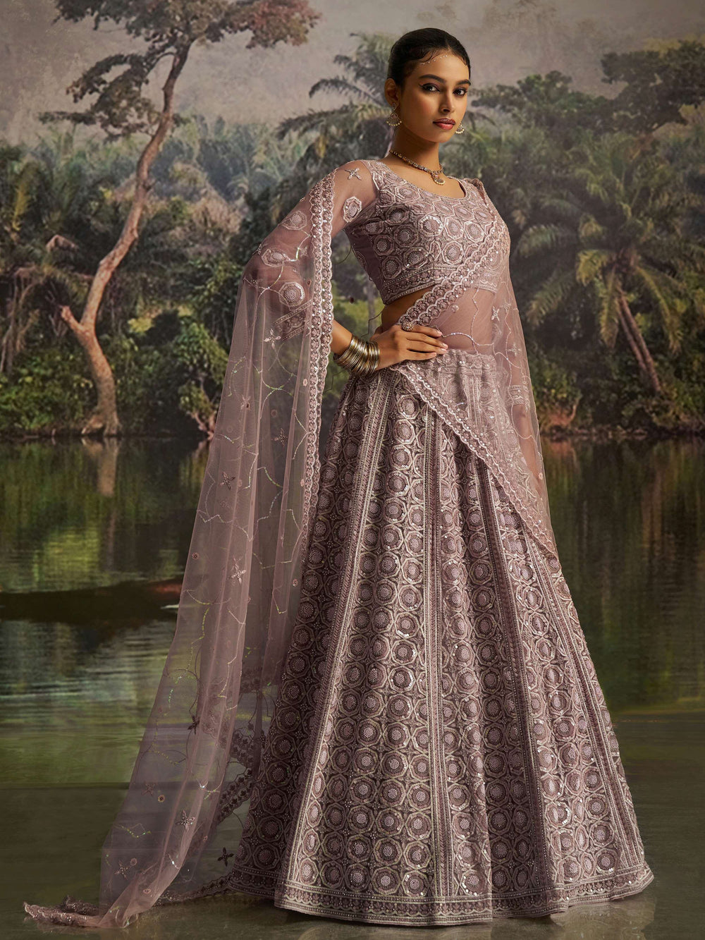 Mauve Net Pearl Work Function Wear Lehenga Choli With Dupatta for Women