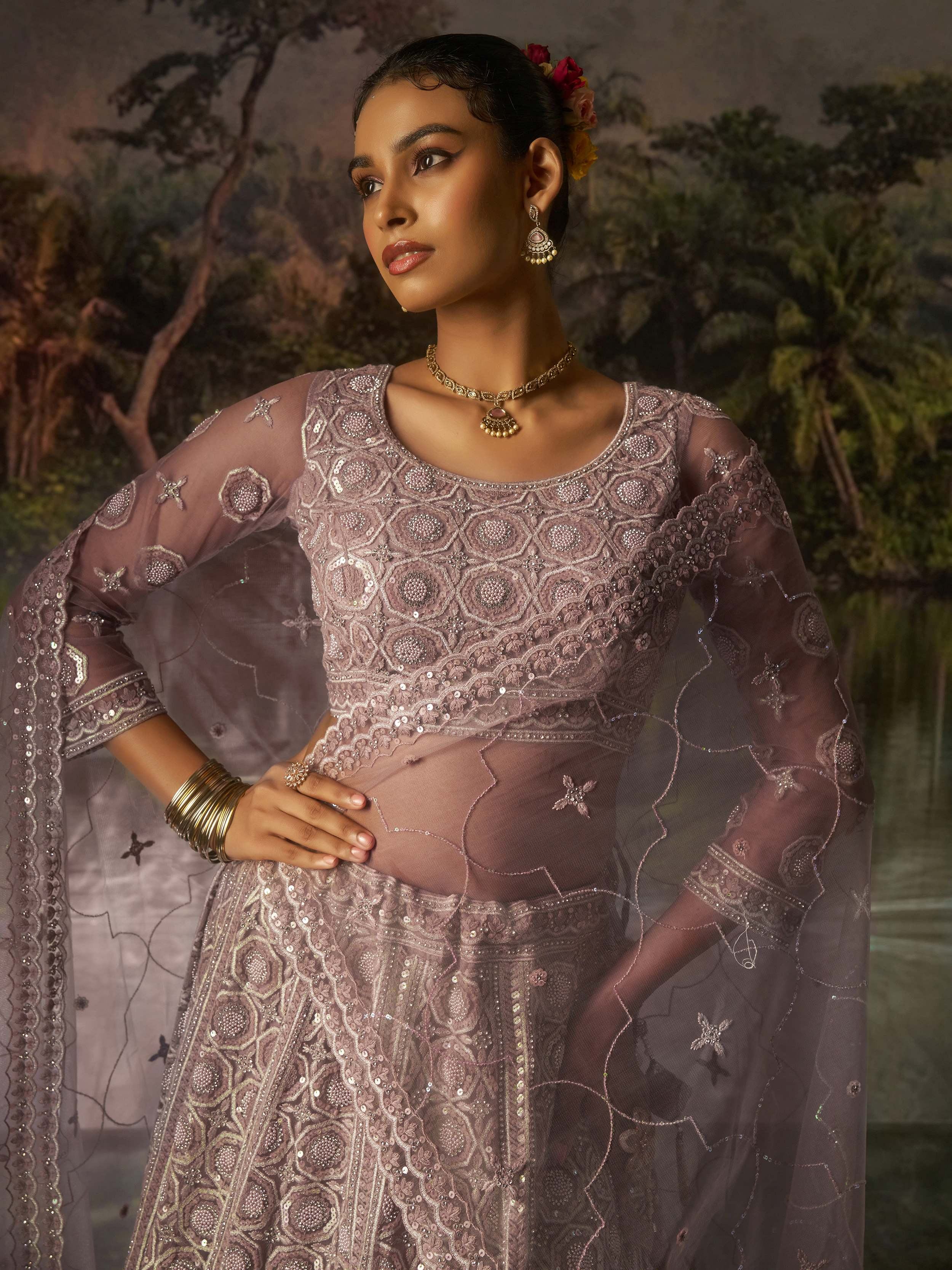 Mauve Net Pearl Work Function Wear Lehenga Choli With Dupatta for Women