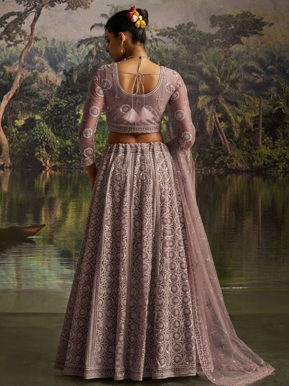 Mauve Net Pearl Work Function Wear Lehenga Choli With Dupatta for Women