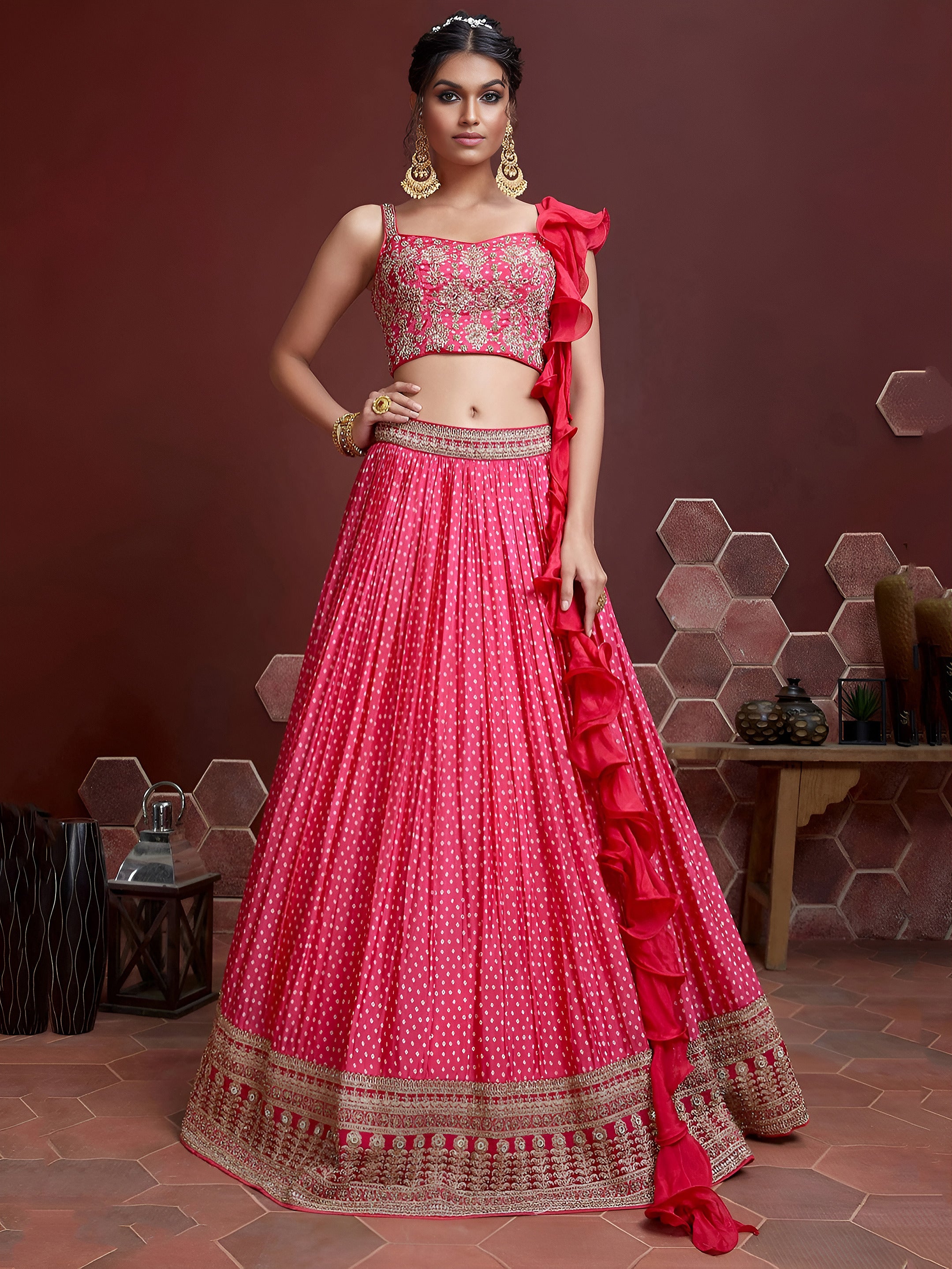 Pink Digital Printed Chinon Reception Lehenga Choli for Women