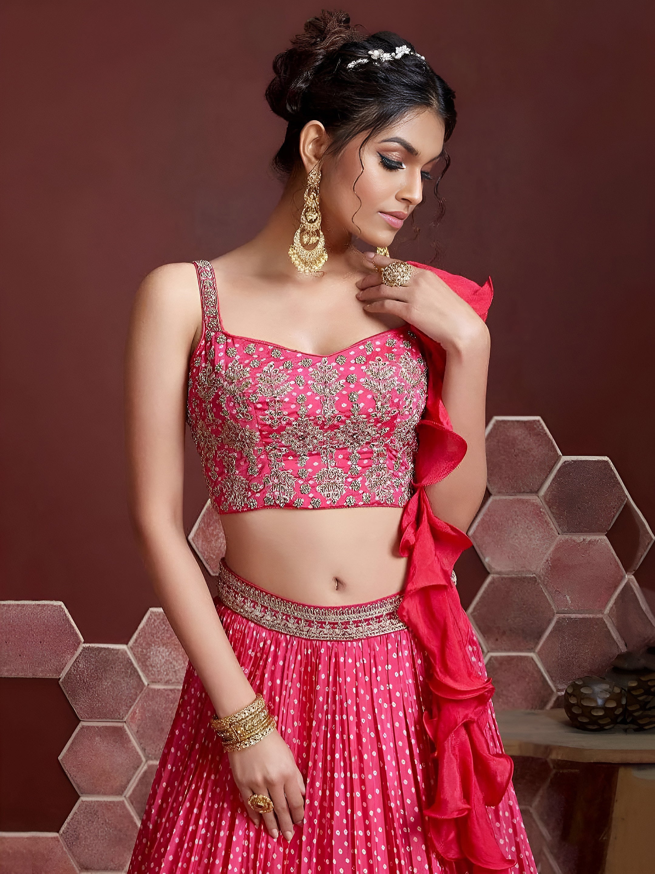 Pink Digital Printed Chinon Reception Lehenga Choli for Women