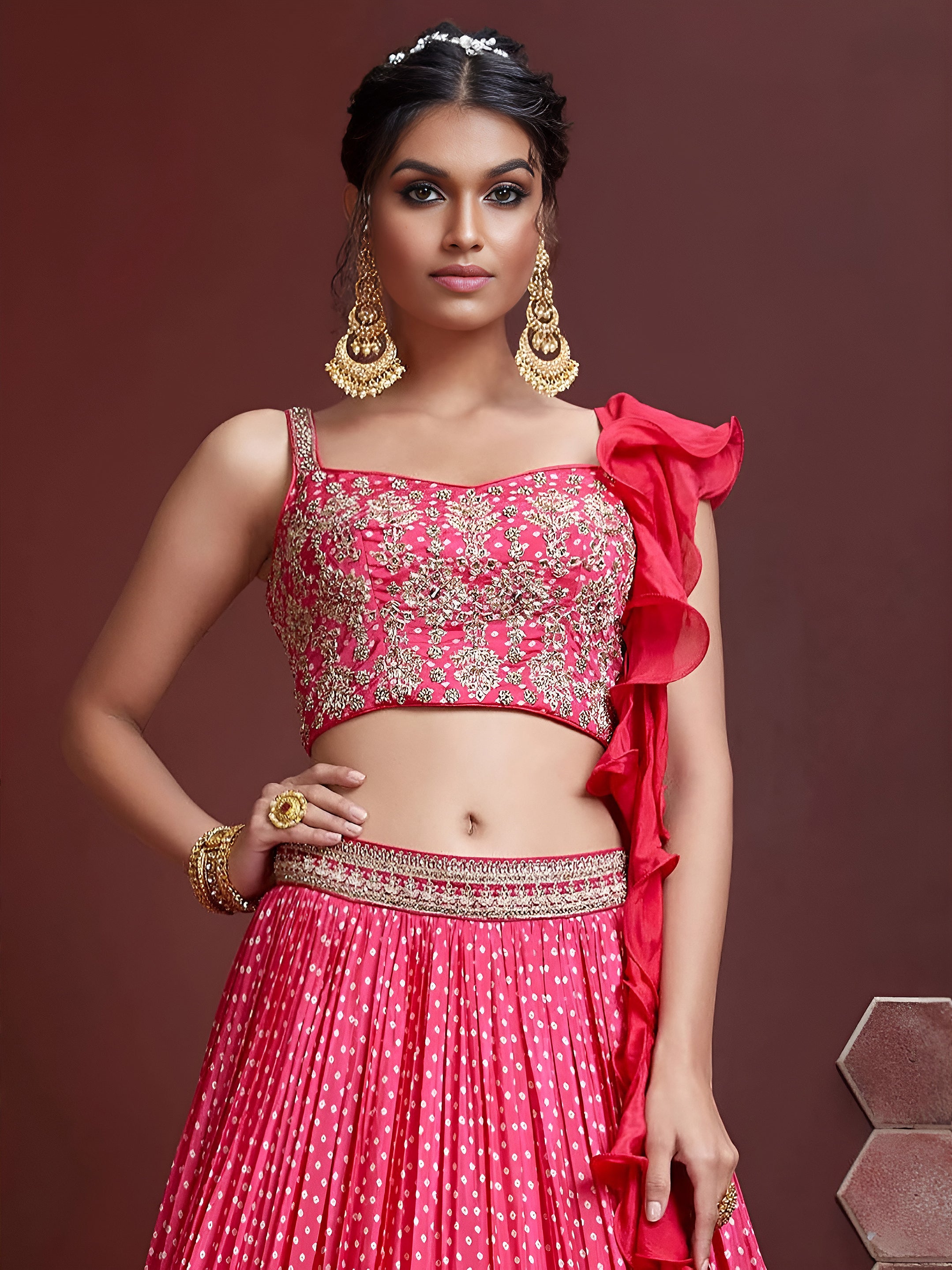 Pink Digital Printed Chinon Reception Lehenga Choli for Women