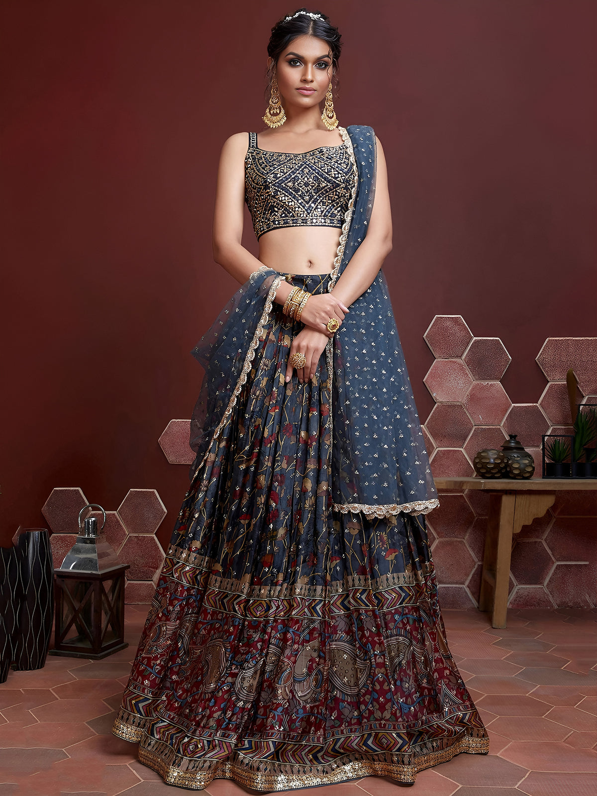 Blue Digital Print Embroidered Chinon Silk Party Lehenga Choli