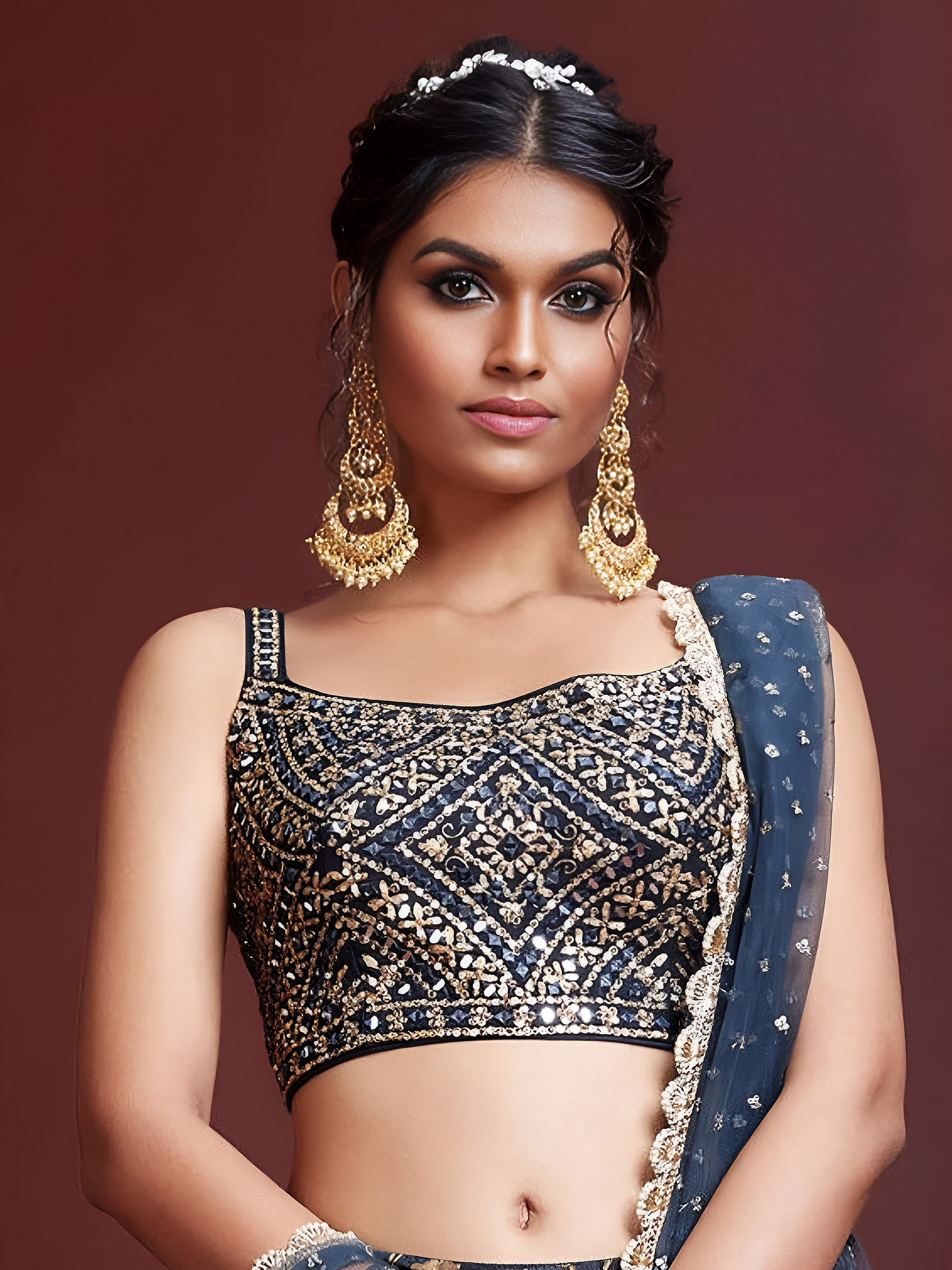 Blue Digital Print Embroidered Chinon Silk Party Lehenga Choli