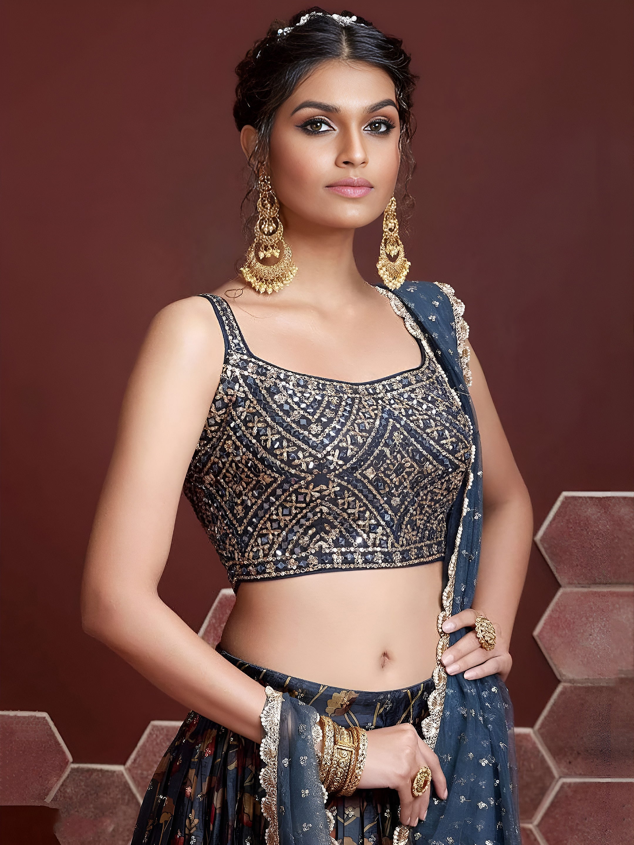 Blue Digital Print Embroidered Chinon Silk Party Lehenga Choli