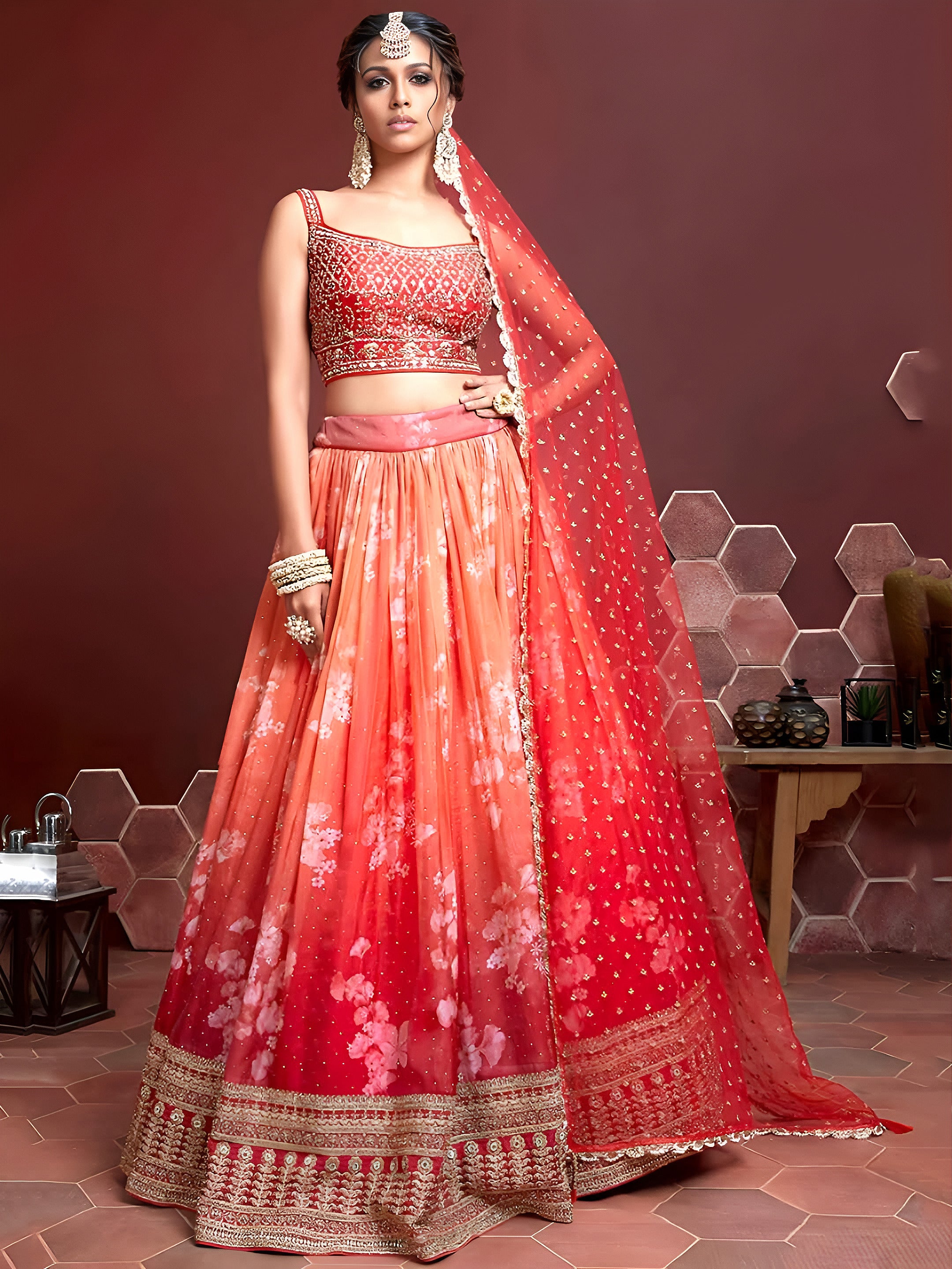 Orange Digital Print Embroidered Tebby Silk Party Lehenga Choli