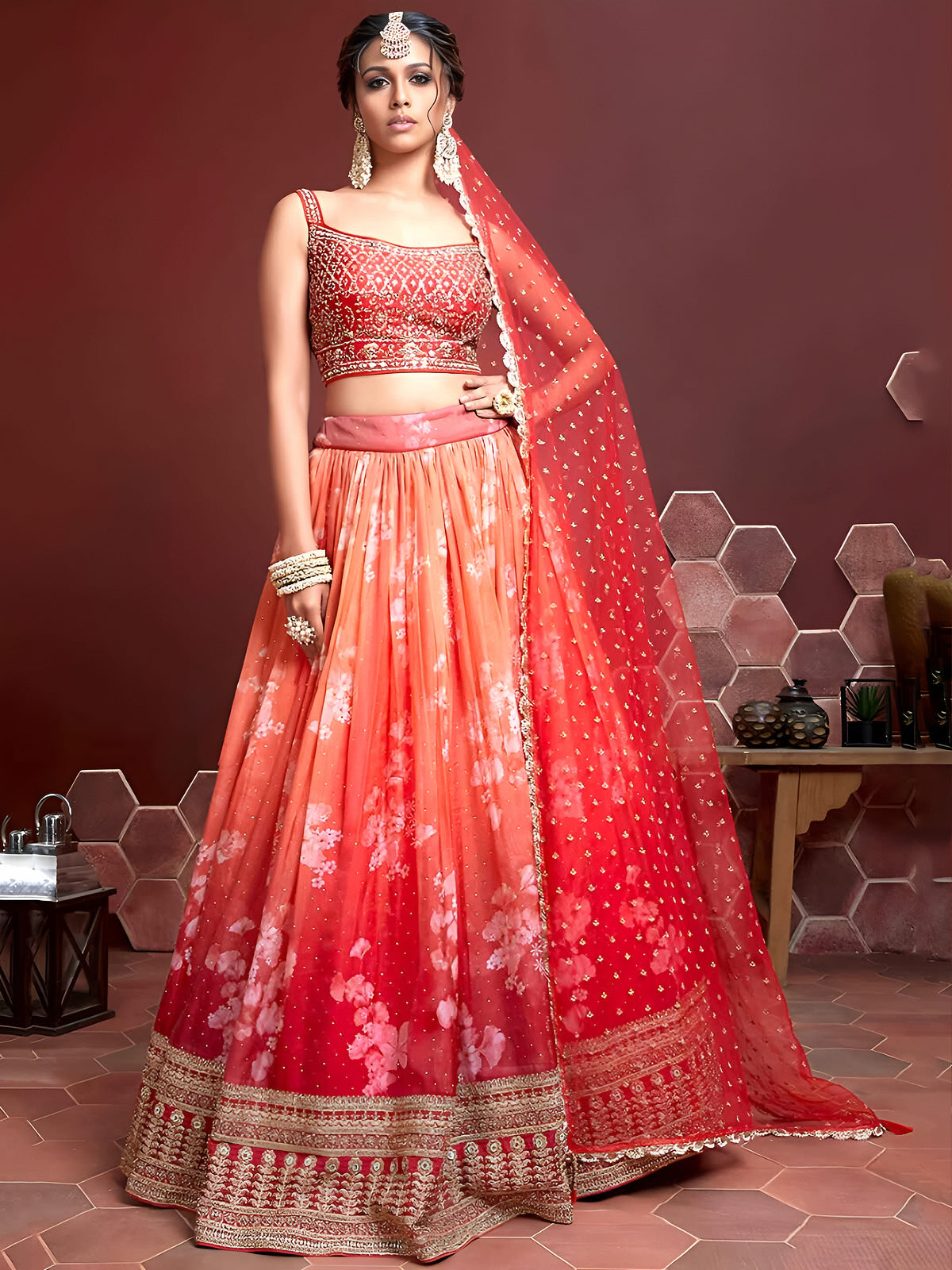 Orange Digital Print Embroidered Tebby Silk Party Lehenga Choli