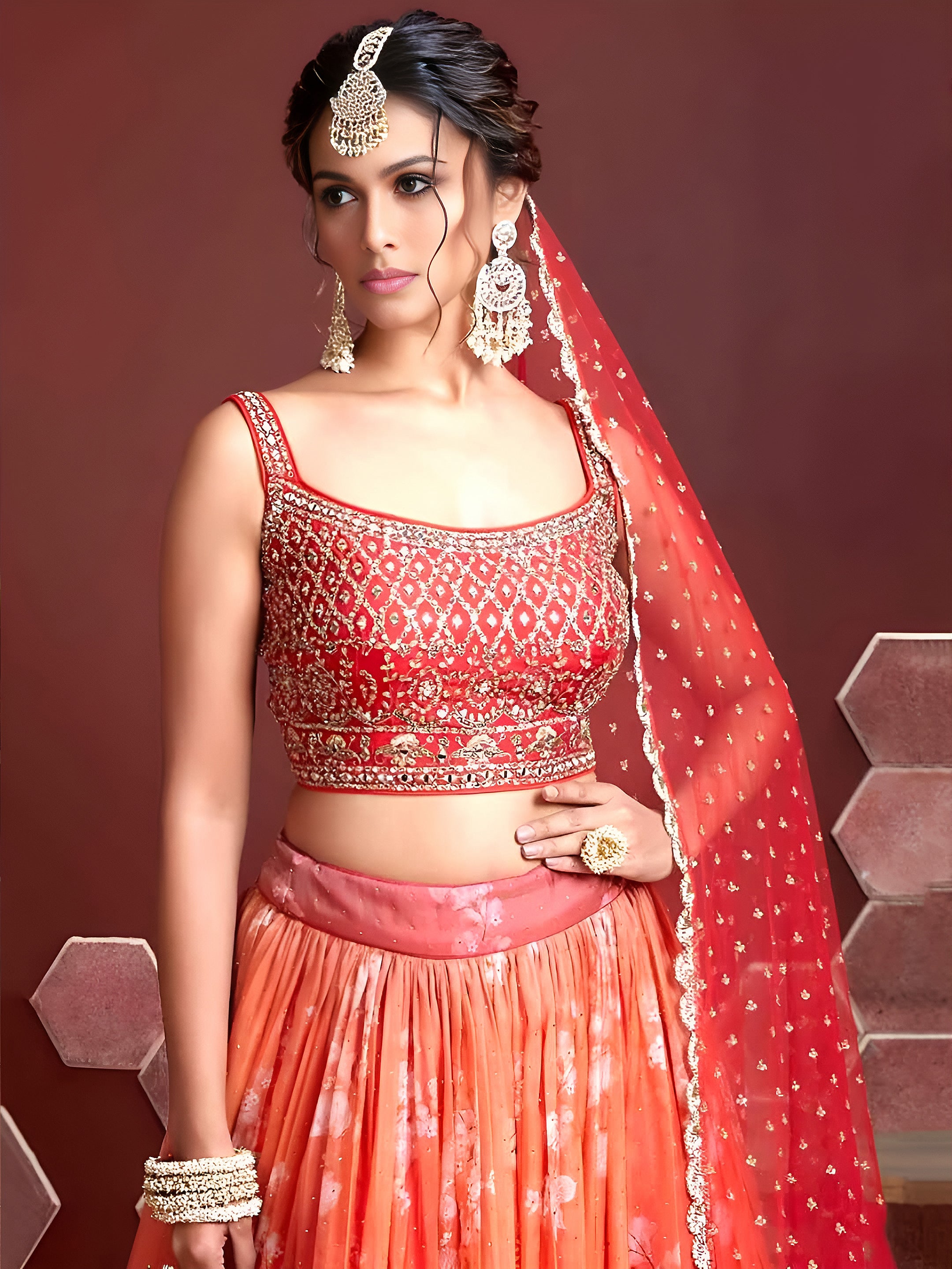 Orange Digital Print Embroidered Tebby Silk Party Lehenga Choli