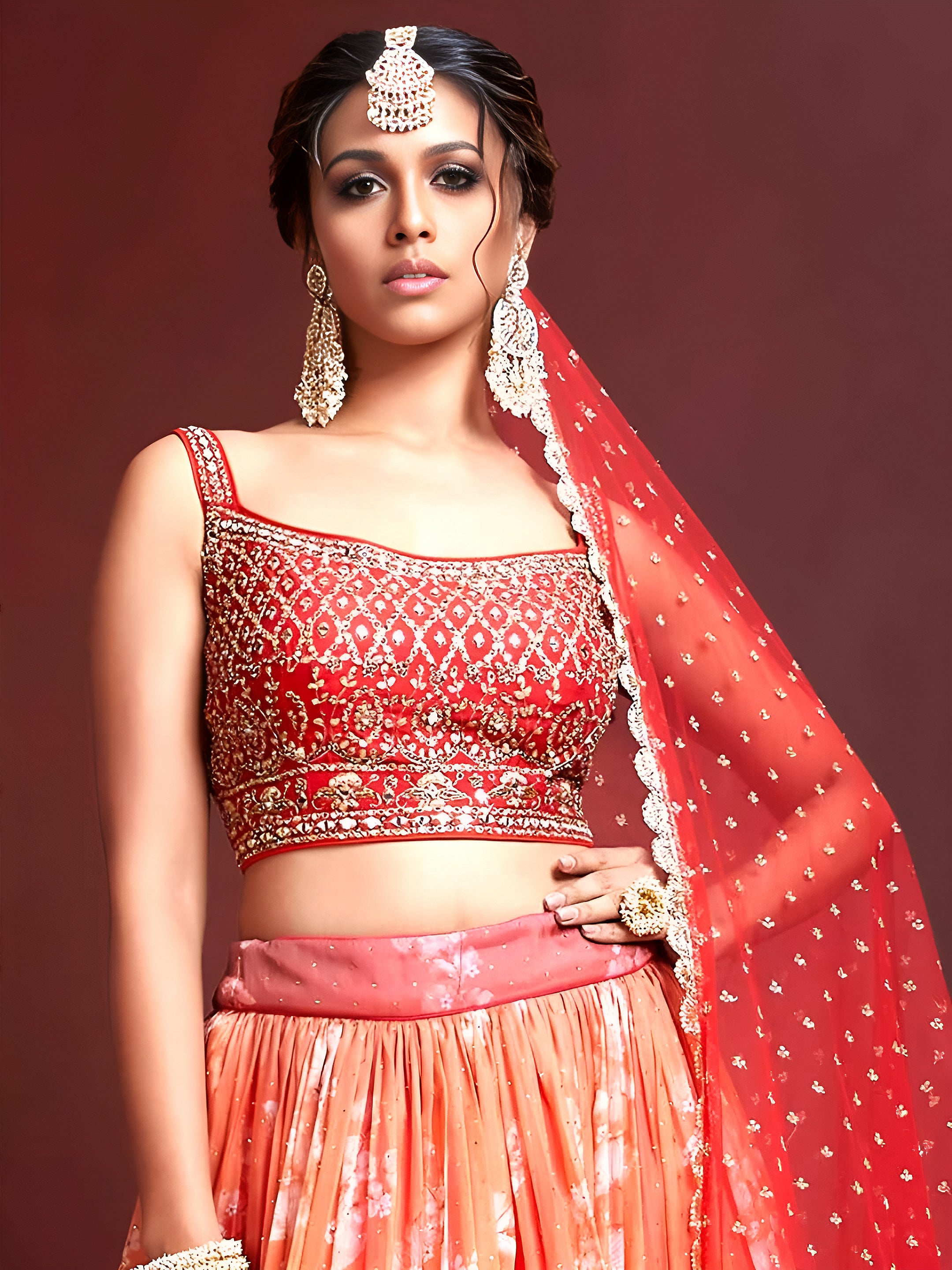 Orange Digital Print Embroidered Tebby Silk Party Lehenga Choli