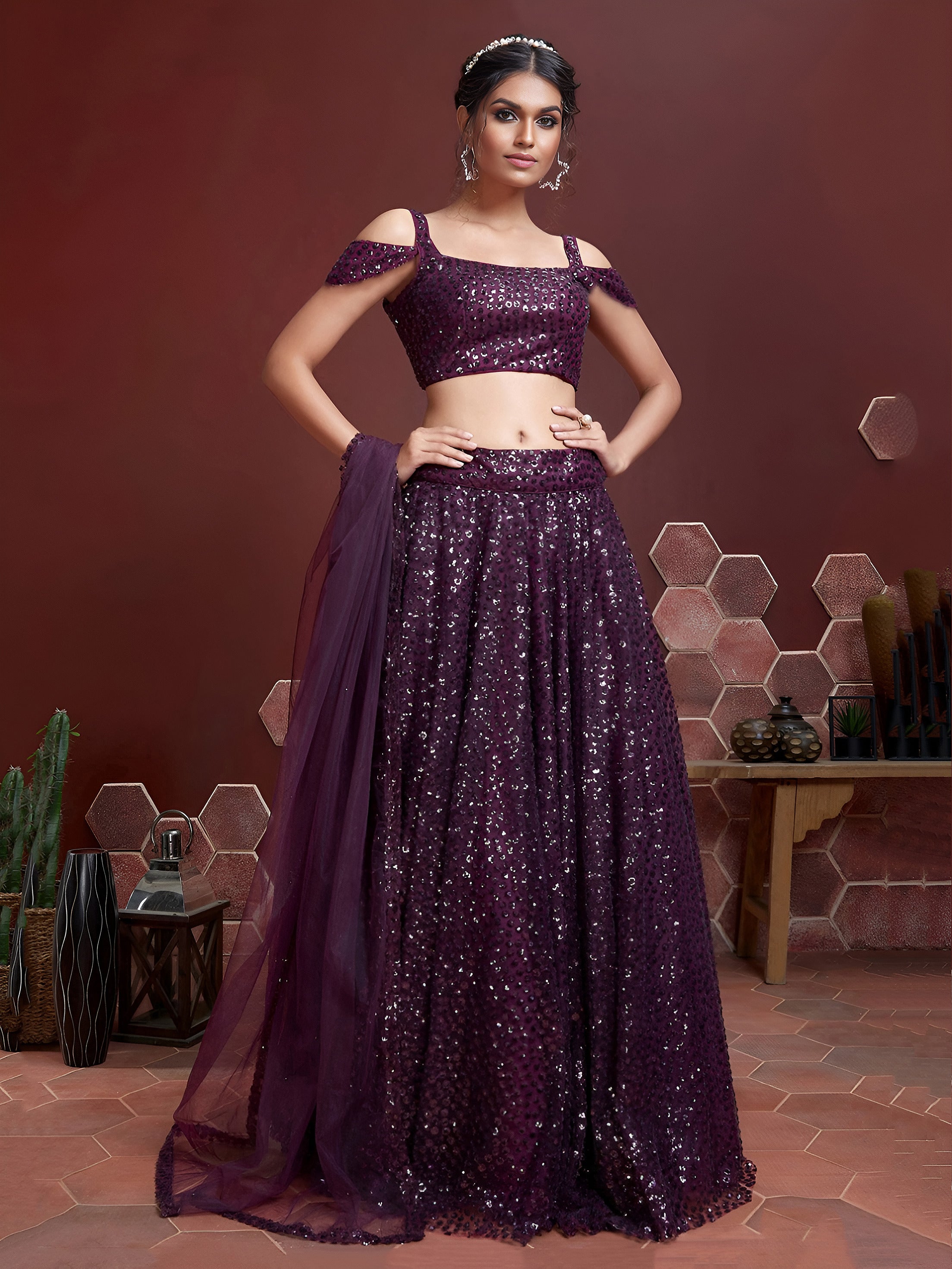 Purple Embroidered Net Party Lehenga Choli for Women