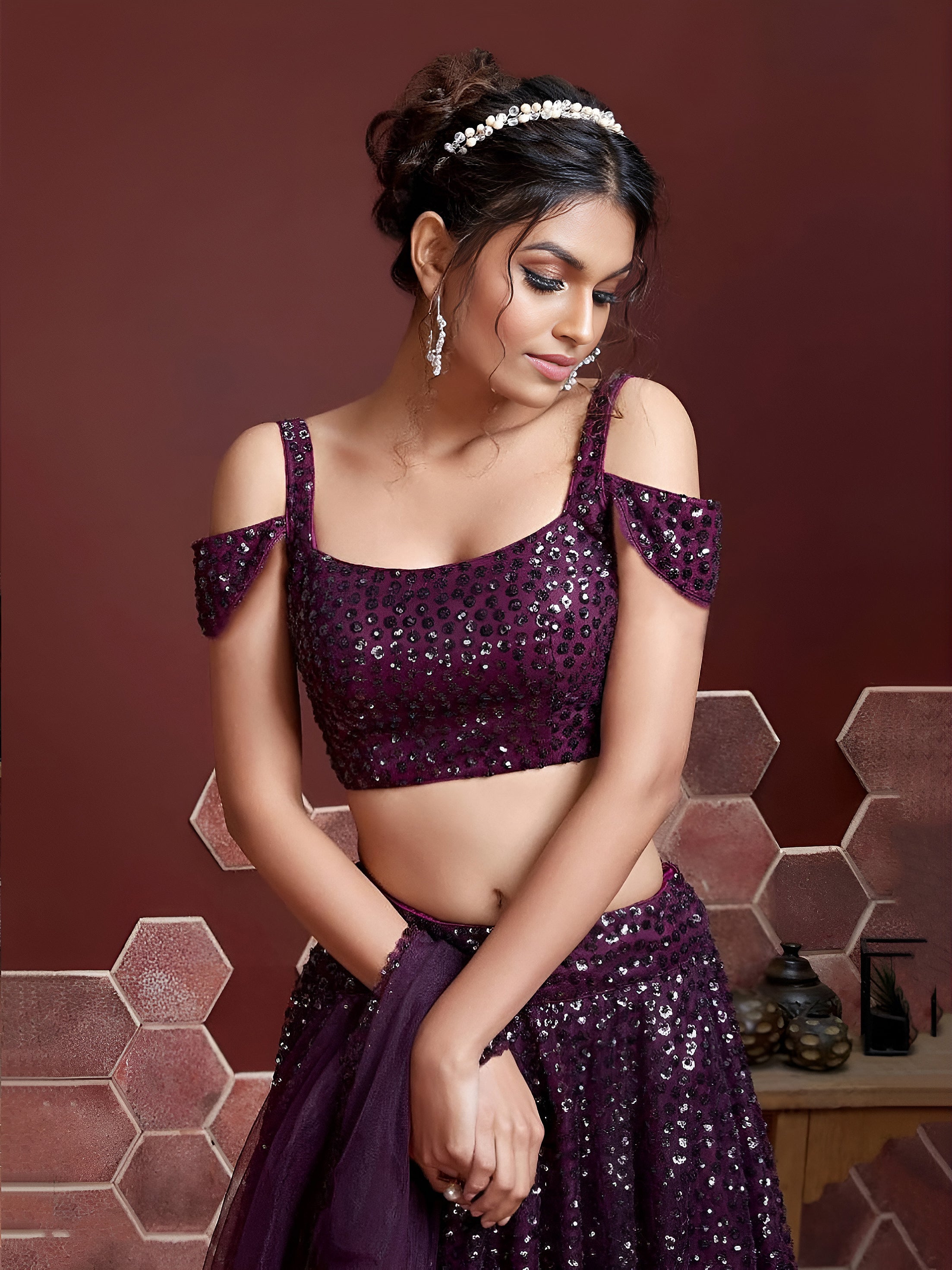 Purple Embroidered Net Party Lehenga Choli for Women