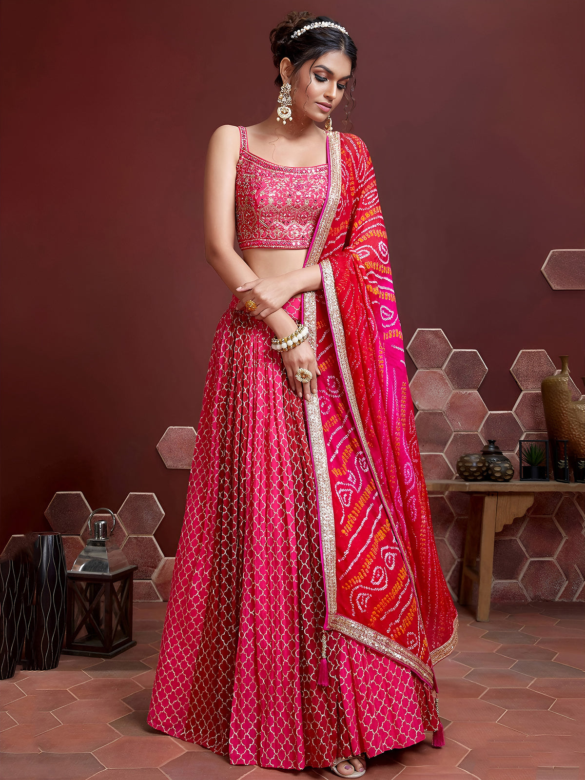 Pink Embroidered Pure Chinon Silk Party Lehenga Choli for Women