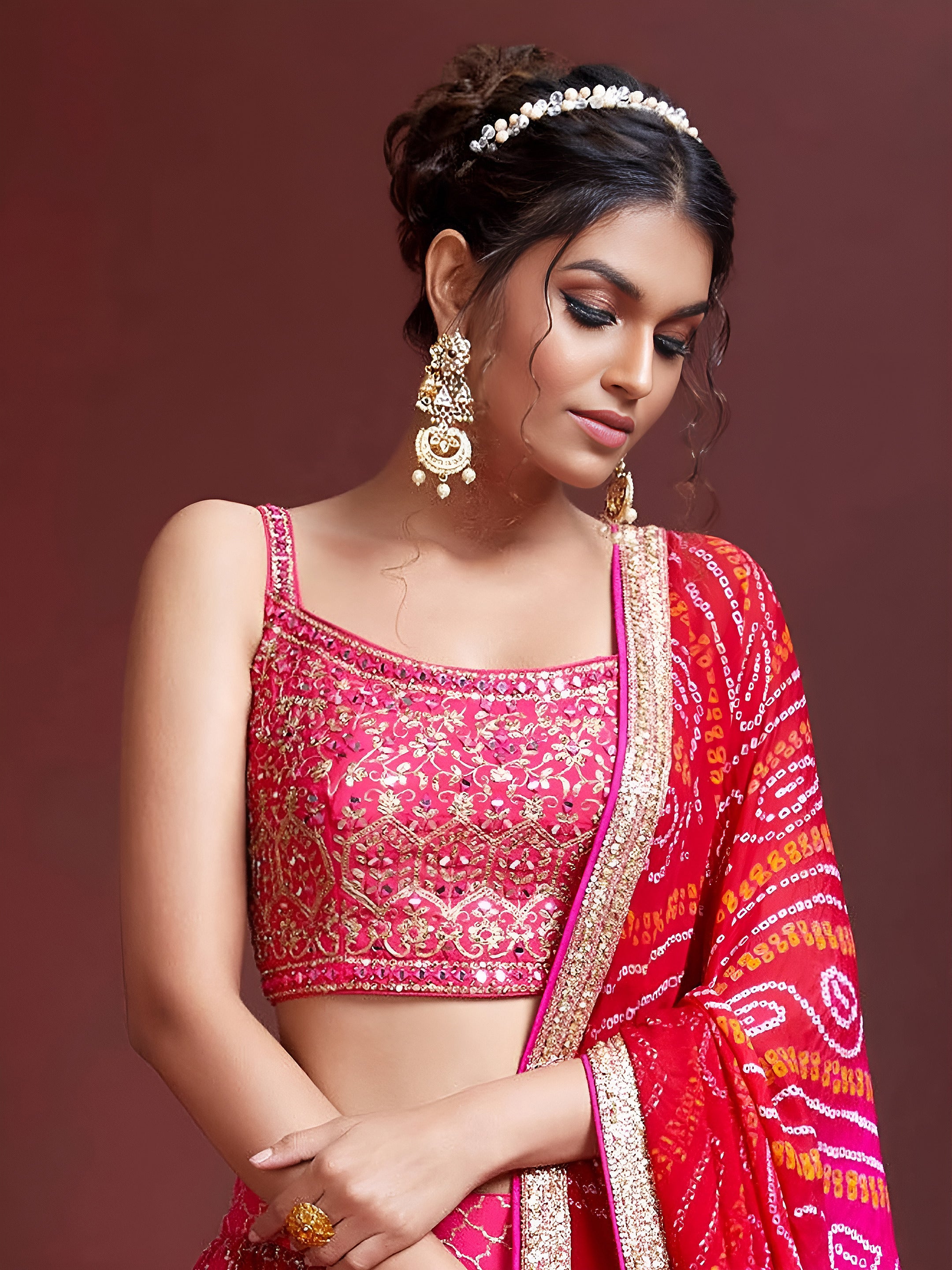Pink Embroidered Pure Chinon Silk Party Lehenga Choli for Women