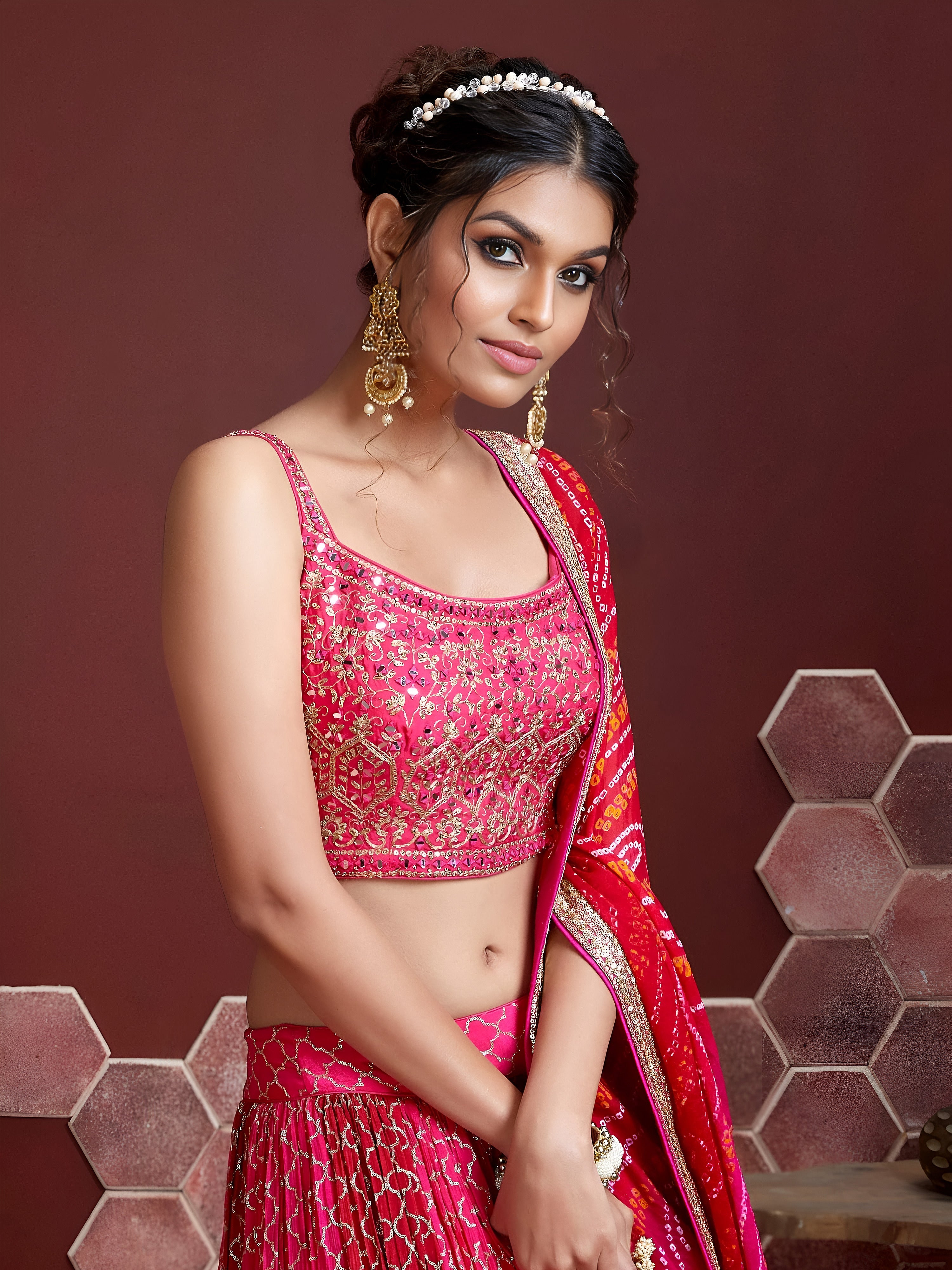 Pink Embroidered Pure Chinon Silk Party Lehenga Choli for Women