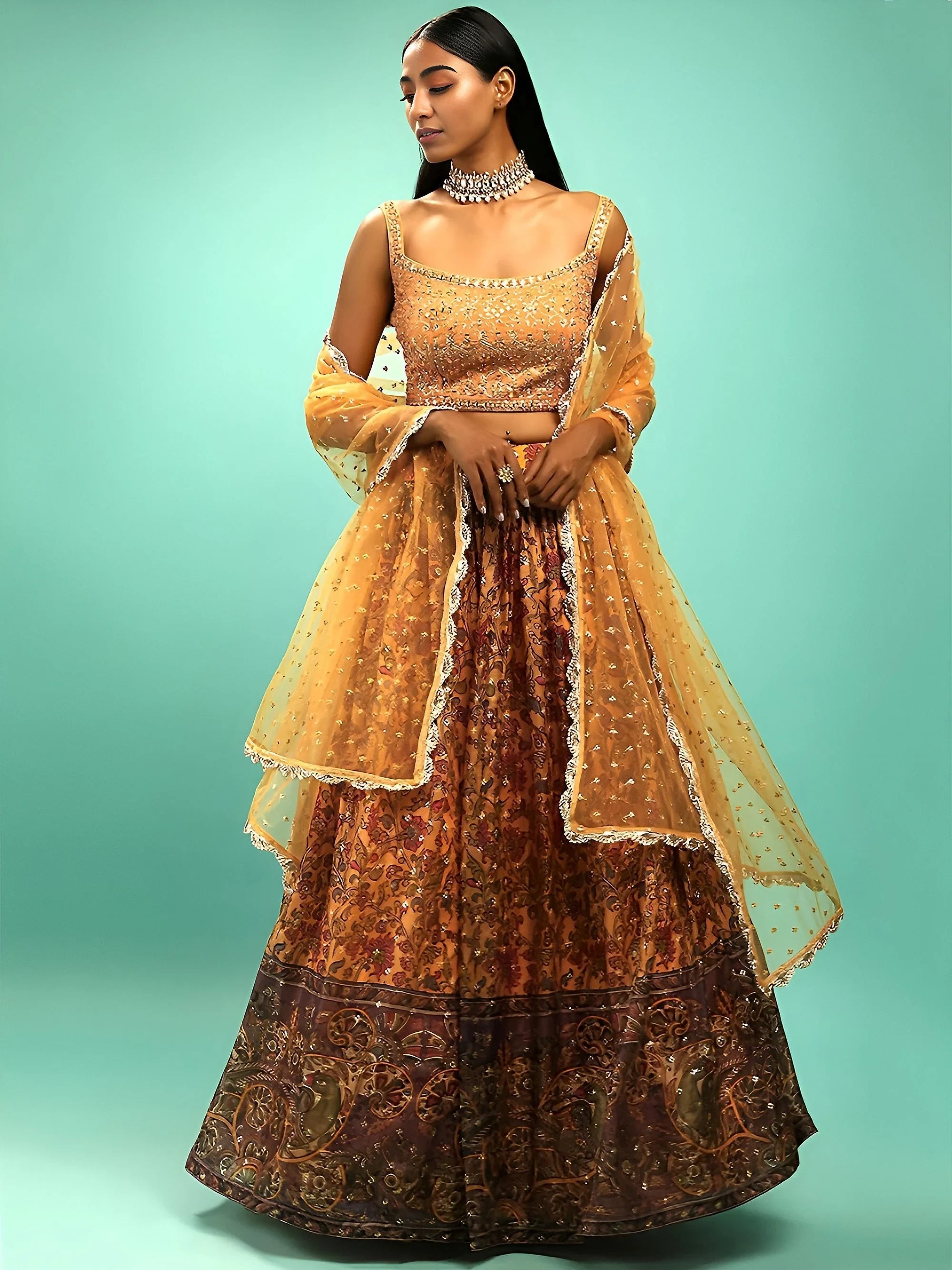 Chinon silk lehenga choli with digital print and sequins work for wedding reception