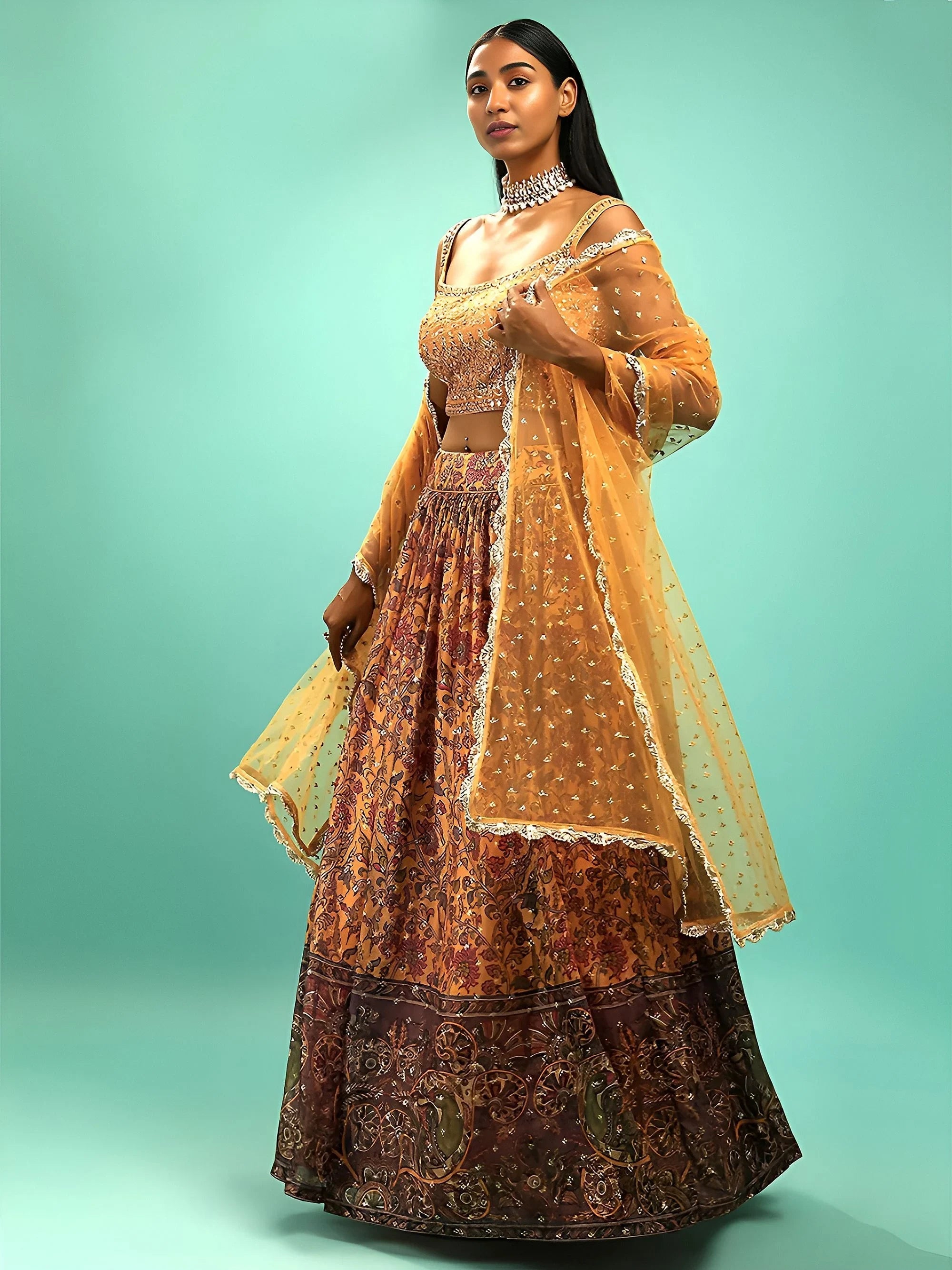 Chinon silk lehenga choli with digital print and sequins work for wedding reception