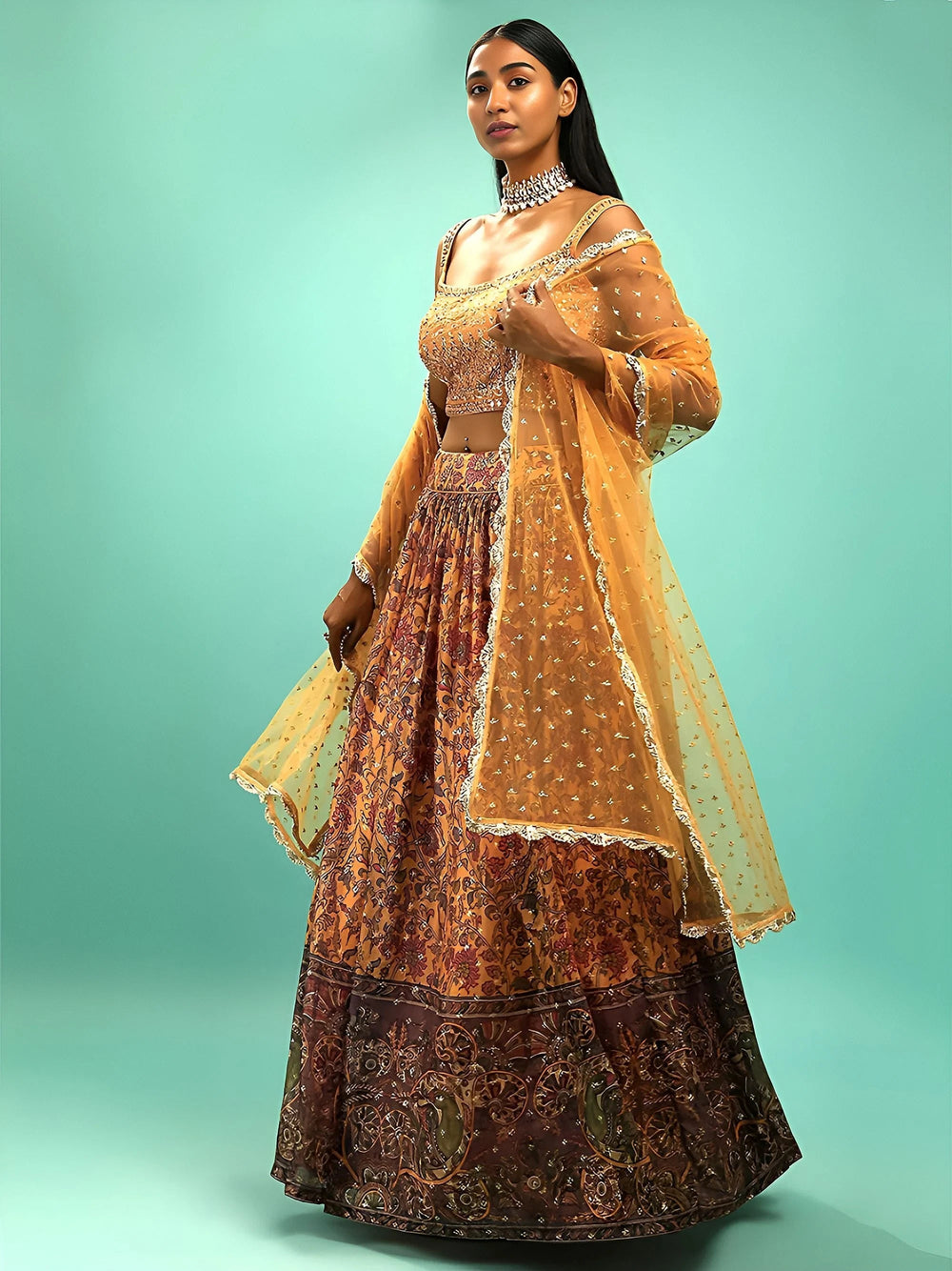 Chinon silk lehenga choli with digital print and sequins work for wedding reception