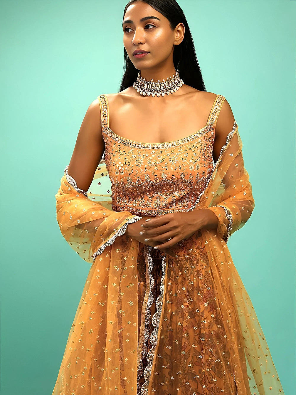 Chinon silk lehenga choli with digital print and sequins work for wedding reception