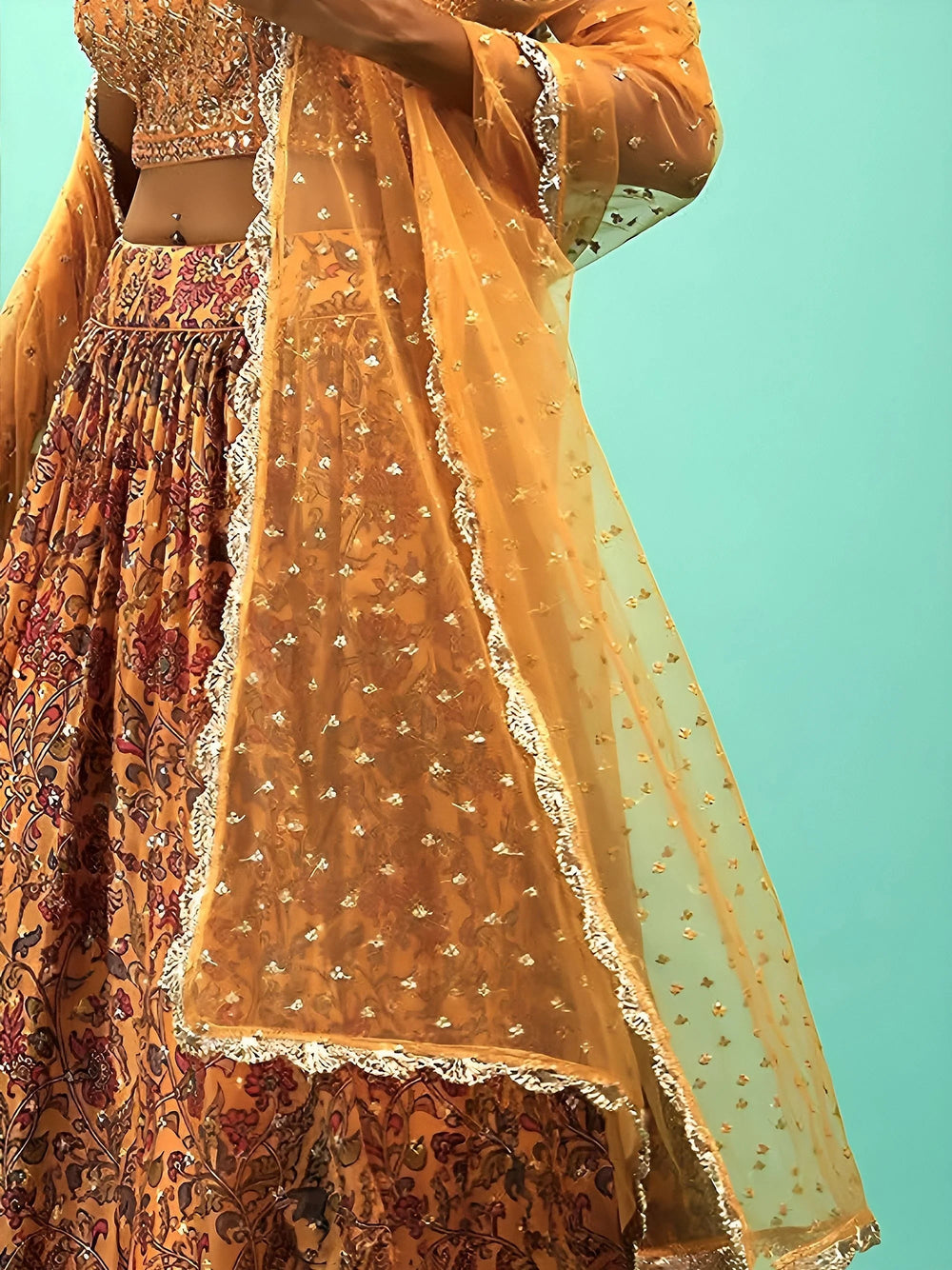 Chinon silk lehenga choli with digital print and sequins work for wedding reception