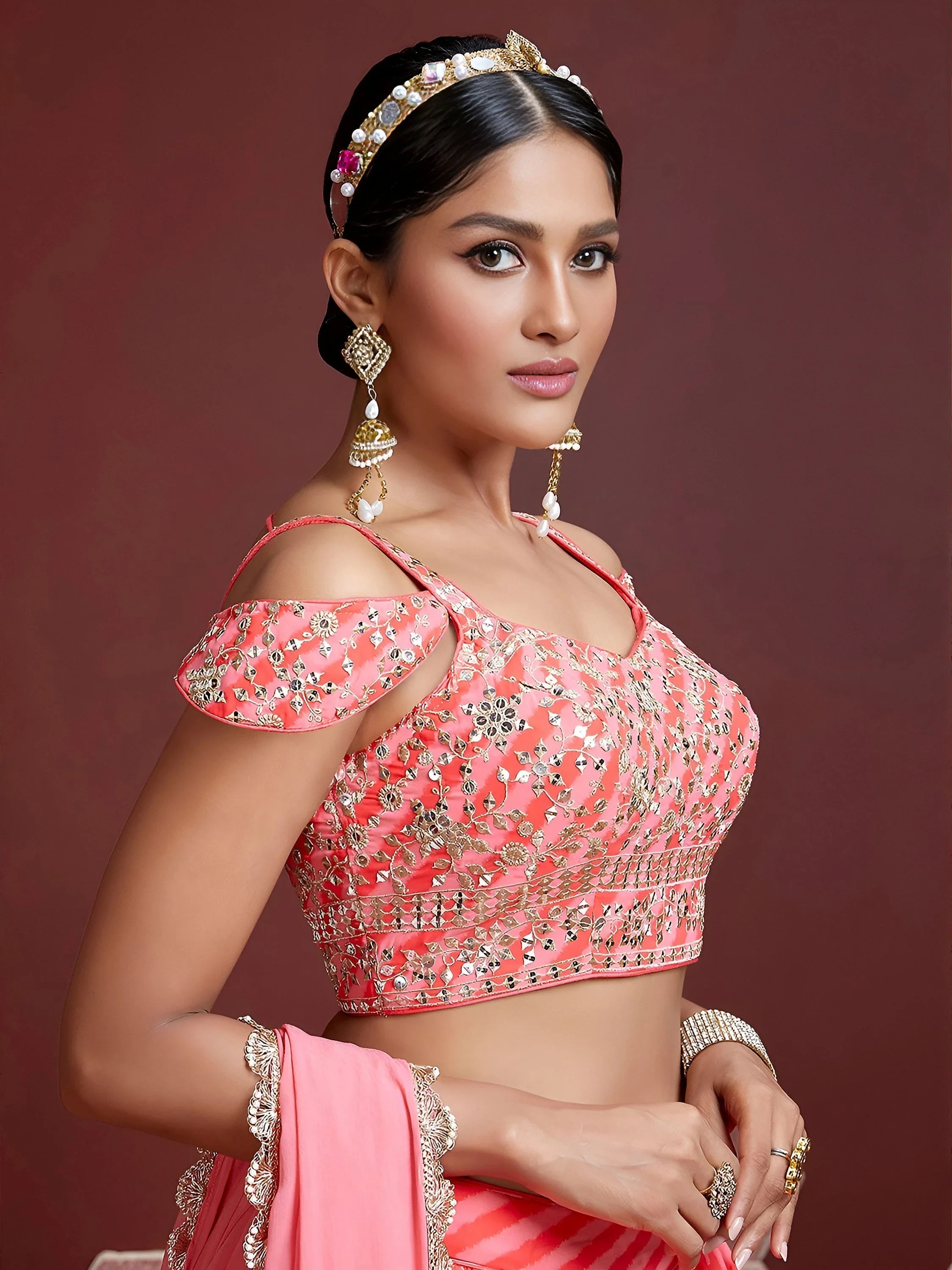 Pink Sequins Embroidered Organza Bridesmaid Lehenga Choli for Women
