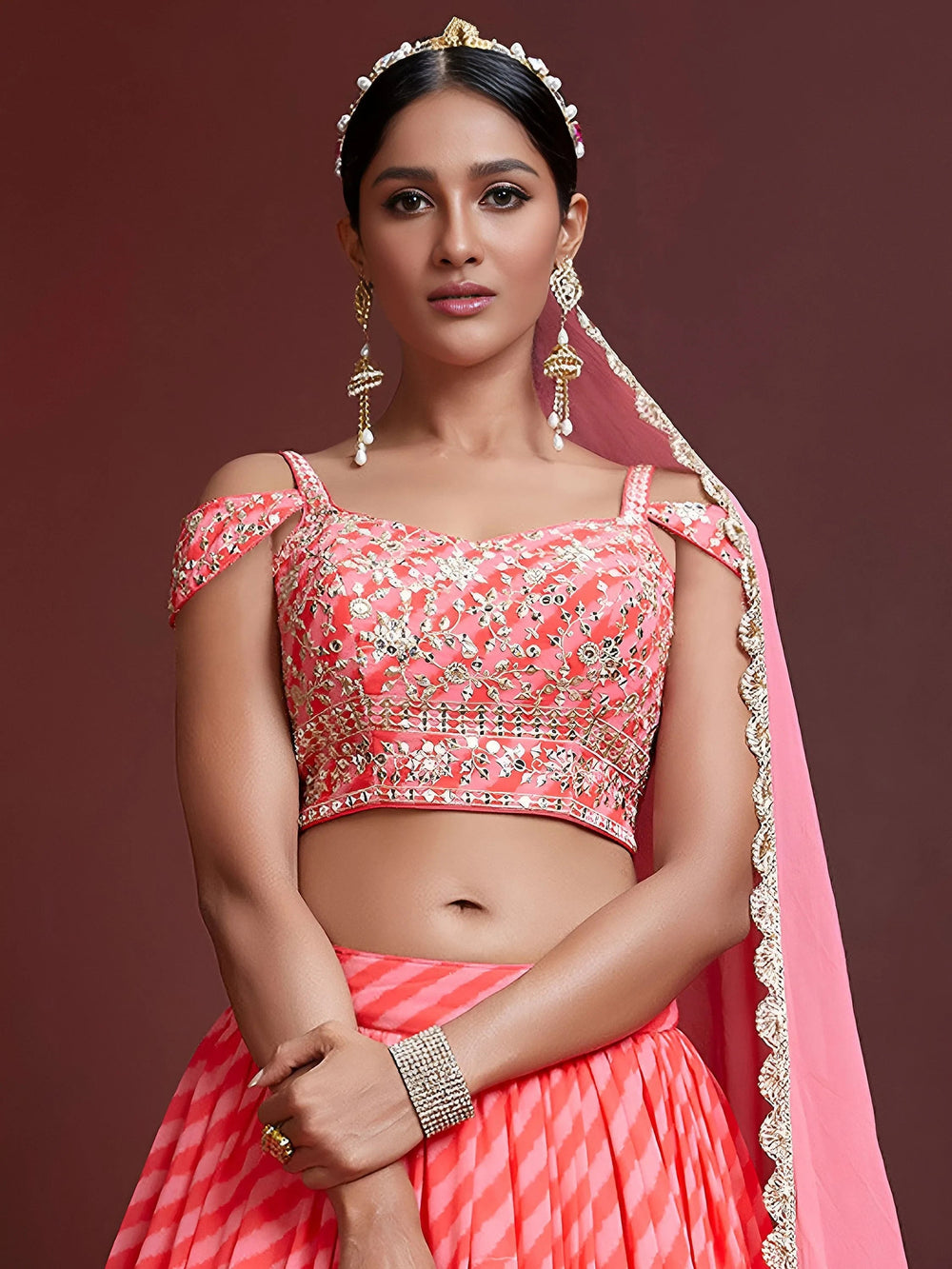 Pink Sequins Embroidered Organza Bridesmaid Lehenga Choli for Women