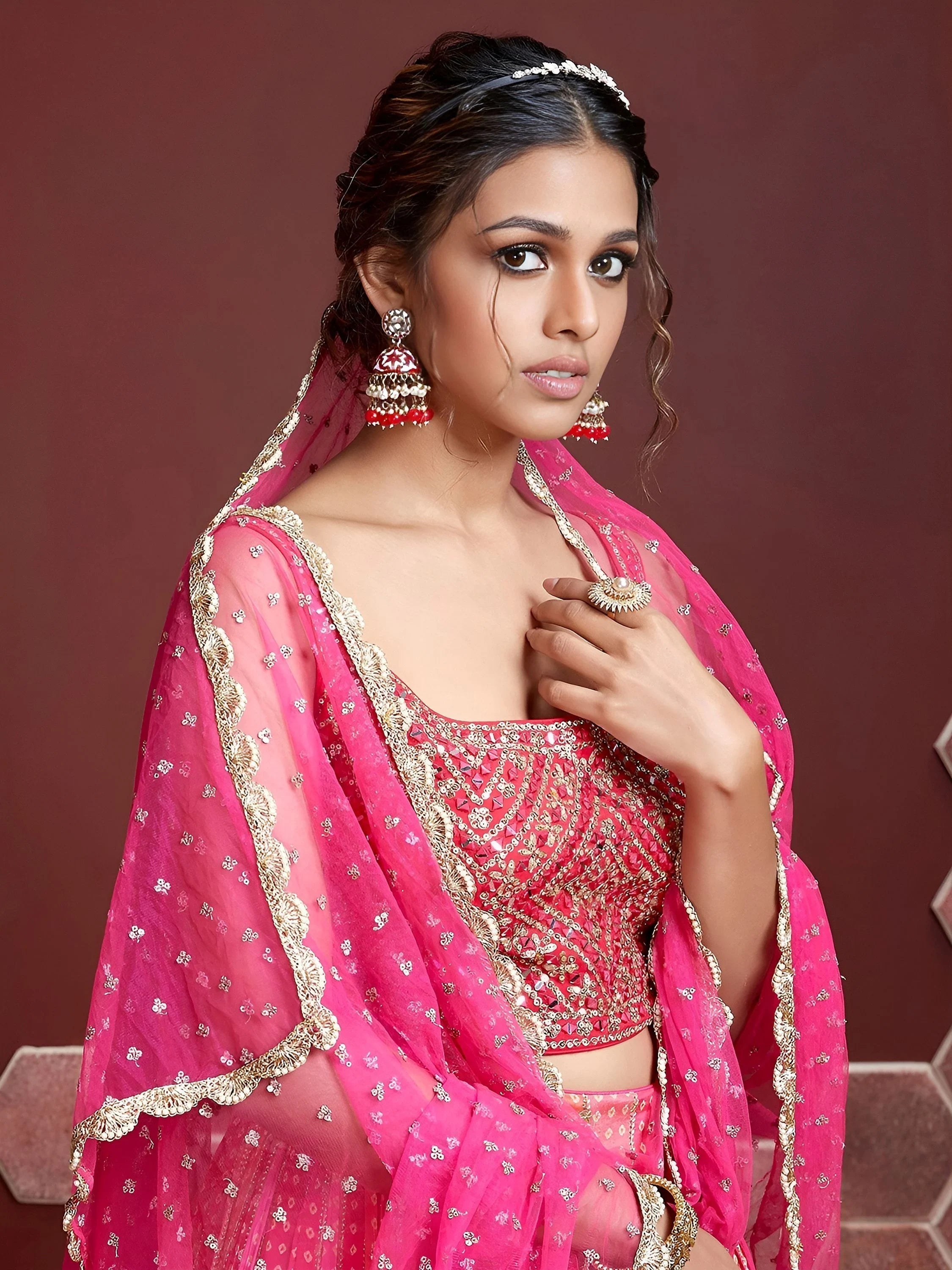 Admire Pink Chinon Mirror with Embroidered Wedding Wear Lehenga Choli