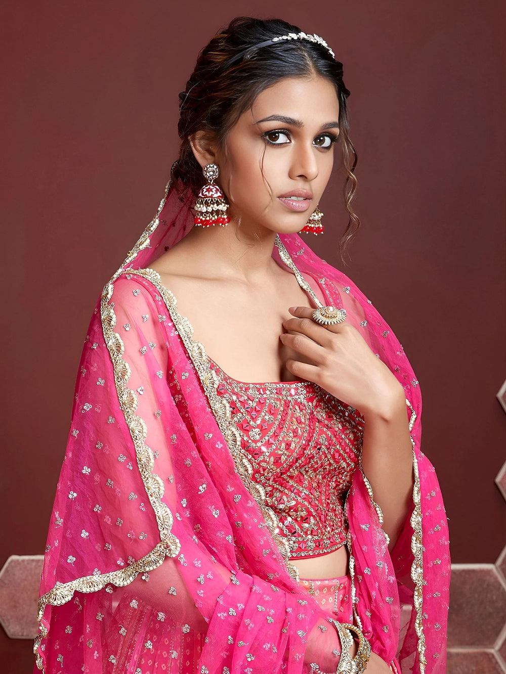 Admire Pink Chinon Mirror with Embroidered Wedding Wear Lehenga Choli
