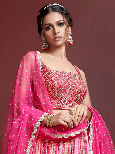 Admire Pink Chinon Mirror with Embroidered Wedding Wear Lehenga Choli