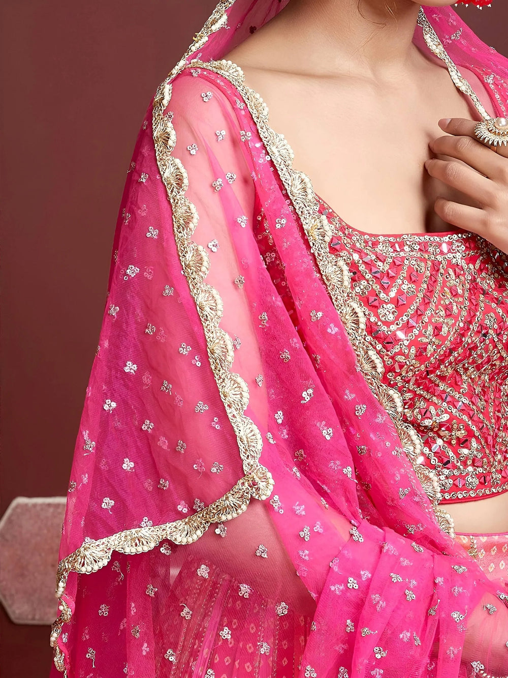 Admire Pink Chinon Mirror with Embroidered Wedding Wear Lehenga Choli