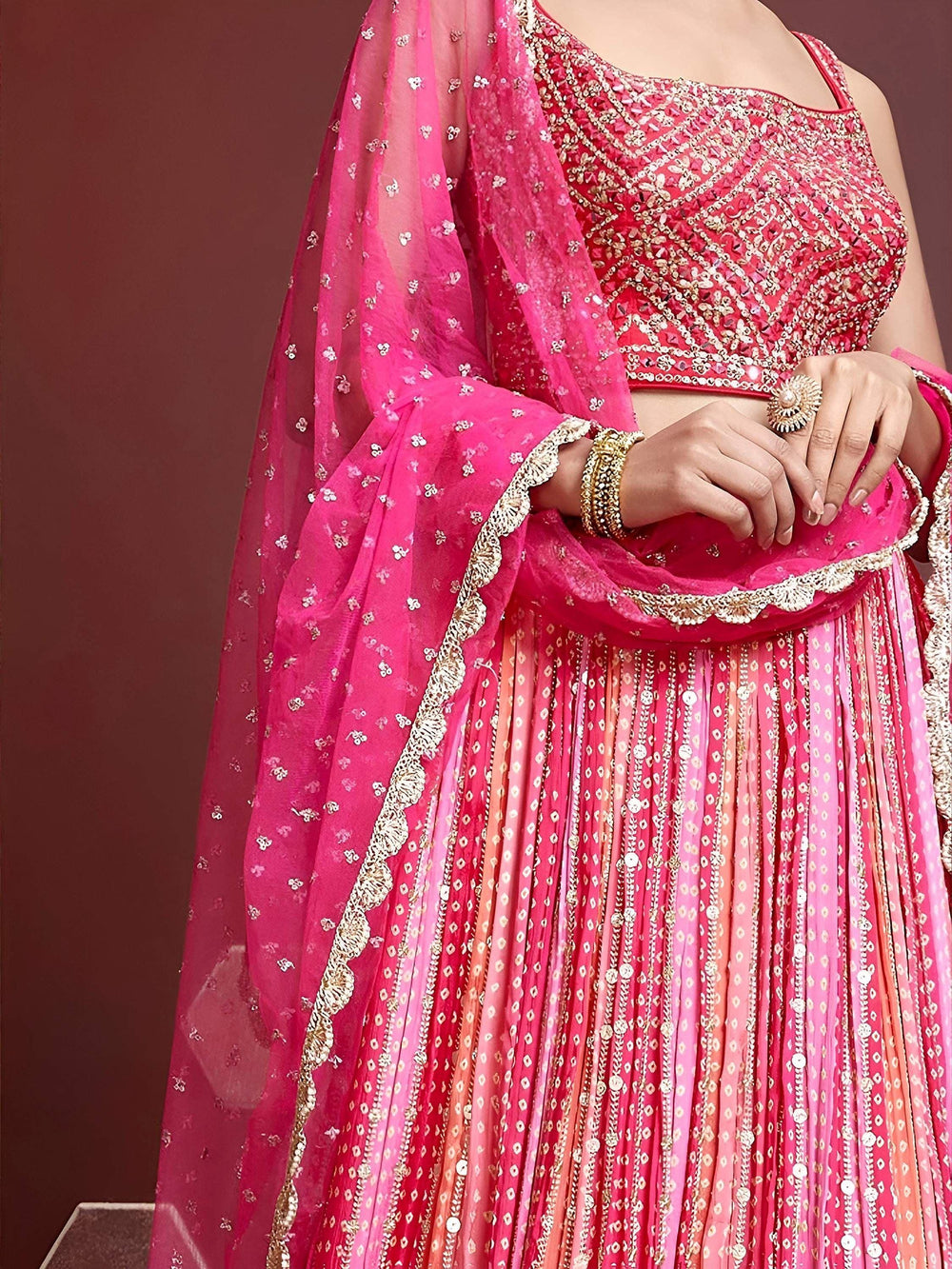 Admire Pink Chinon Mirror with Embroidered Wedding Wear Lehenga Choli