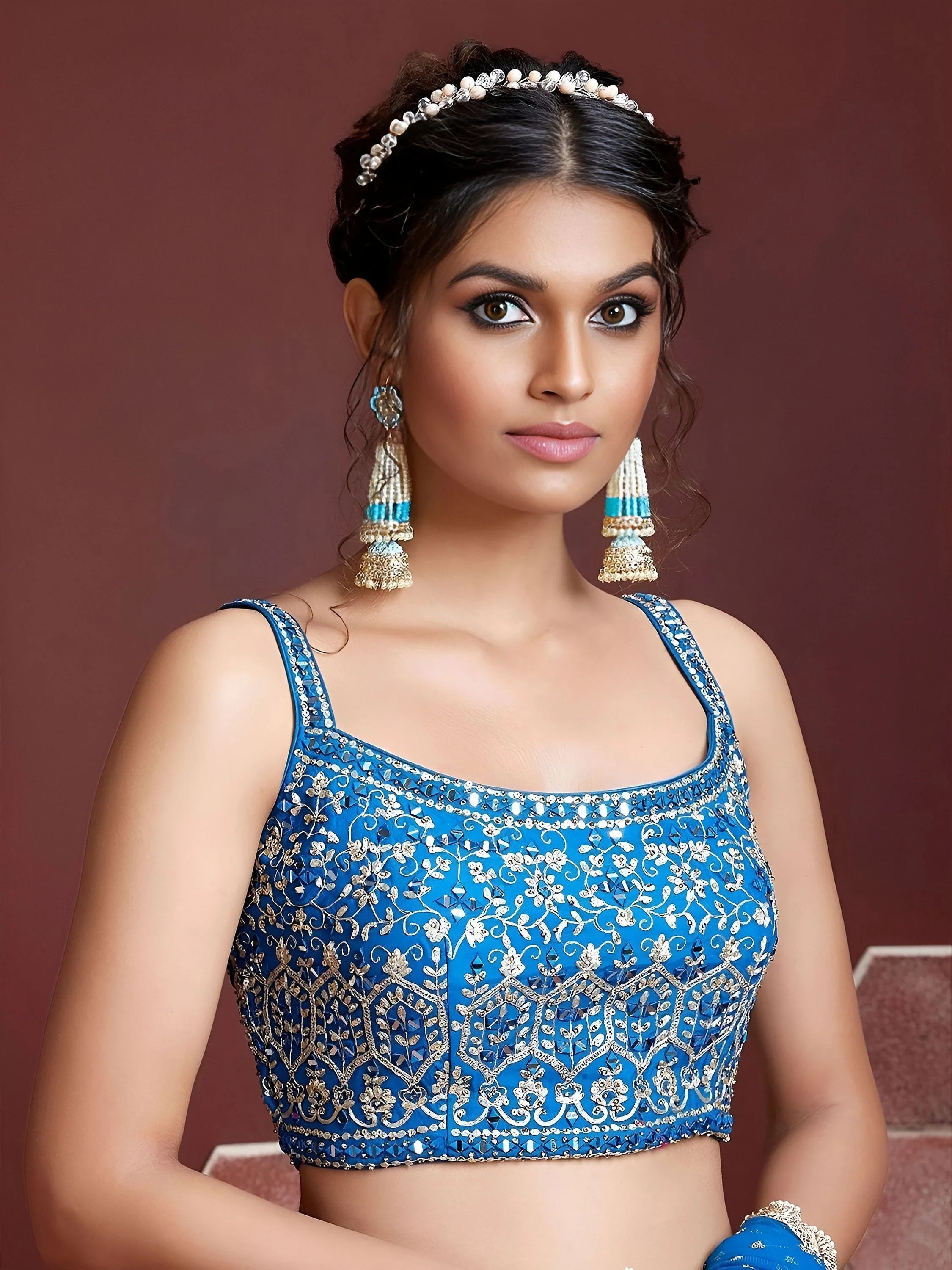 Sky Blue Chinon Digital Print Mirror Party Lehenga Choli for Women