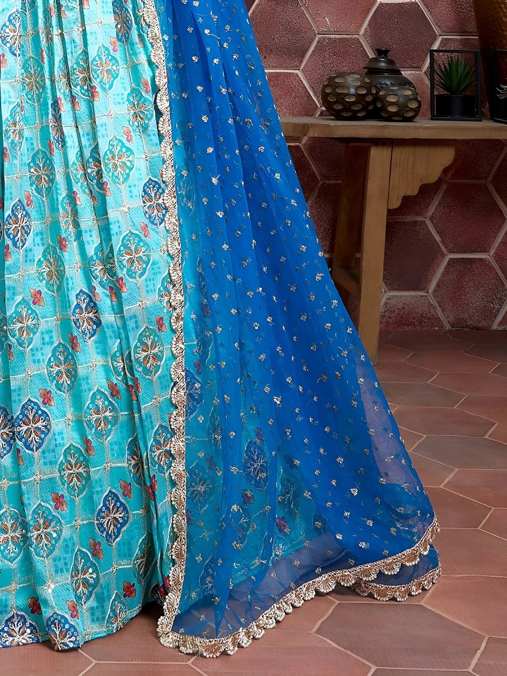 Sky Blue Chinon Digital Print Mirror Party Lehenga Choli for Women