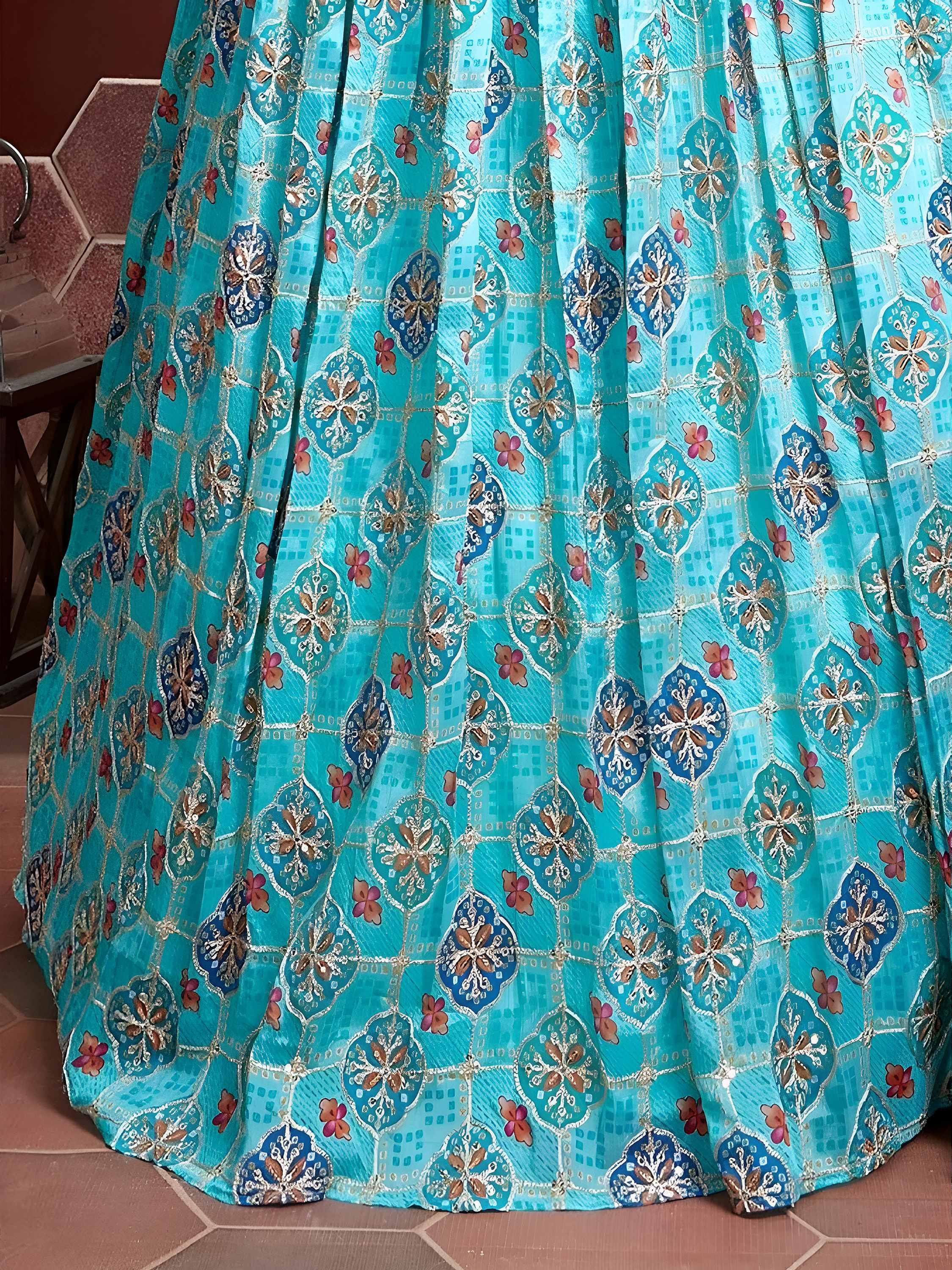 Sky Blue Chinon Digital Print Mirror Party Lehenga Choli for Women