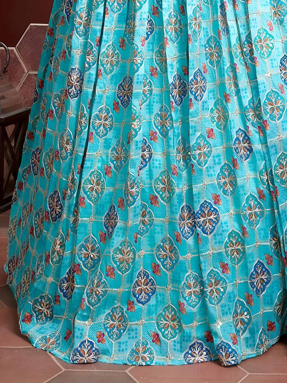 Sky Blue Chinon Digital Print Mirror Party Lehenga Choli for Women