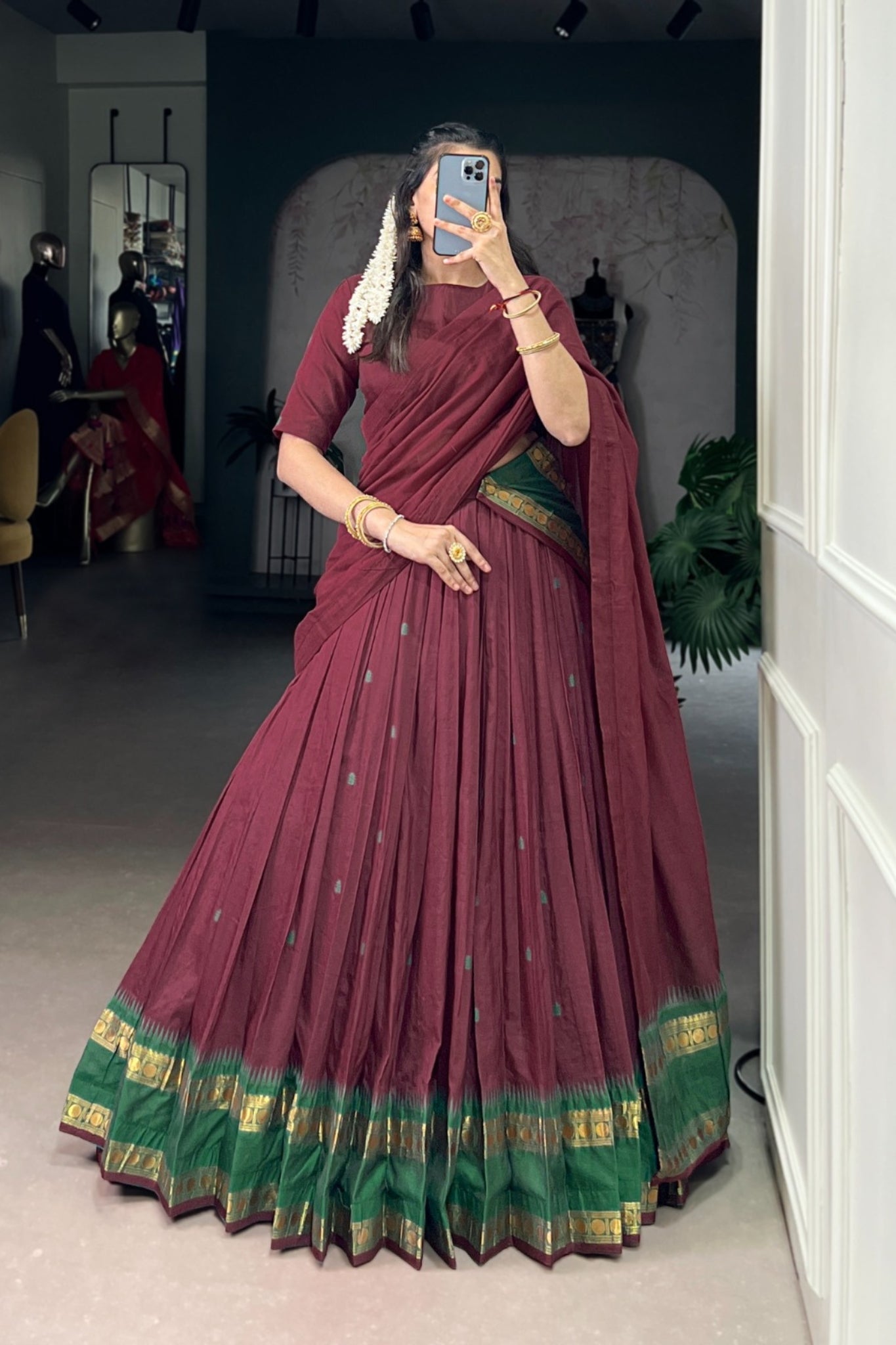 Maroon Pure Chanderi Zari Weaving Work South Indian Lehenga Choli