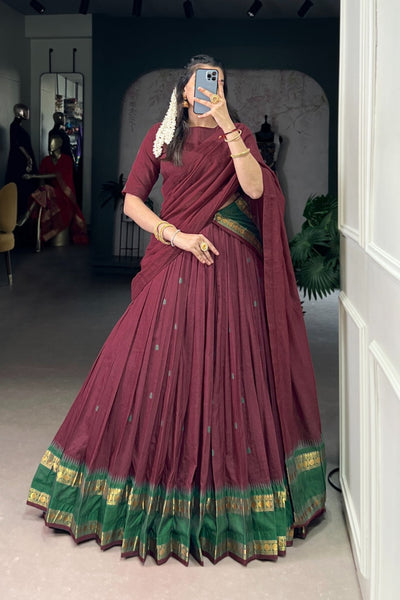Maroon Pure Chanderi Zari Weaving Work South Indian Lehenga Choli