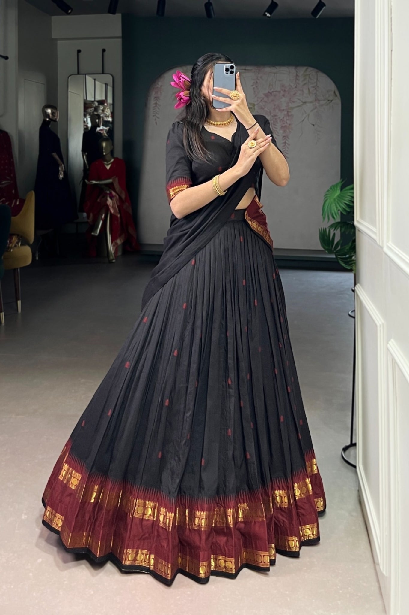 Brown Pure Chanderi Zari Weaving Work South Indian Lehenga Choli