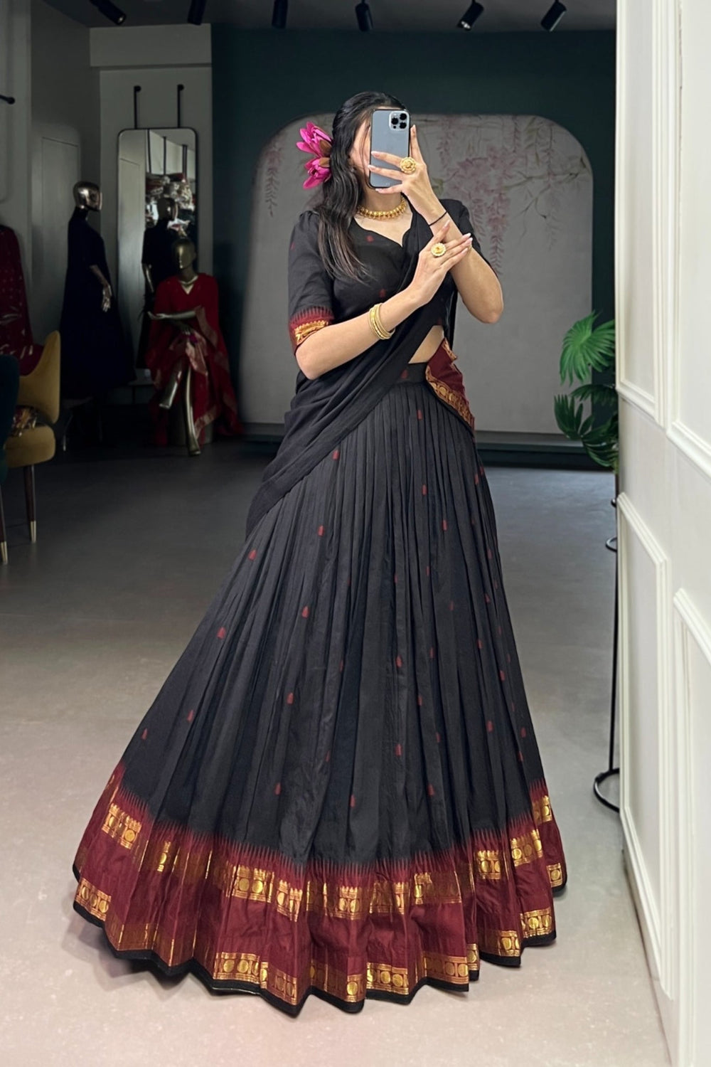 Brown Pure Chanderi Zari Weaving Work South Indian Lehenga Choli