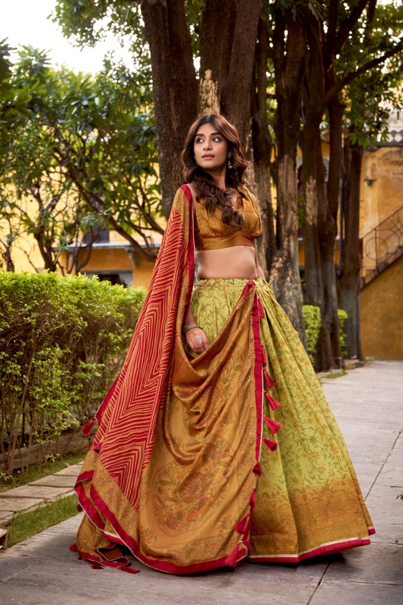 Firozi Heritage Inspired Vichitra Silk Printed Luxury Lehenga Set With Elegant Flare