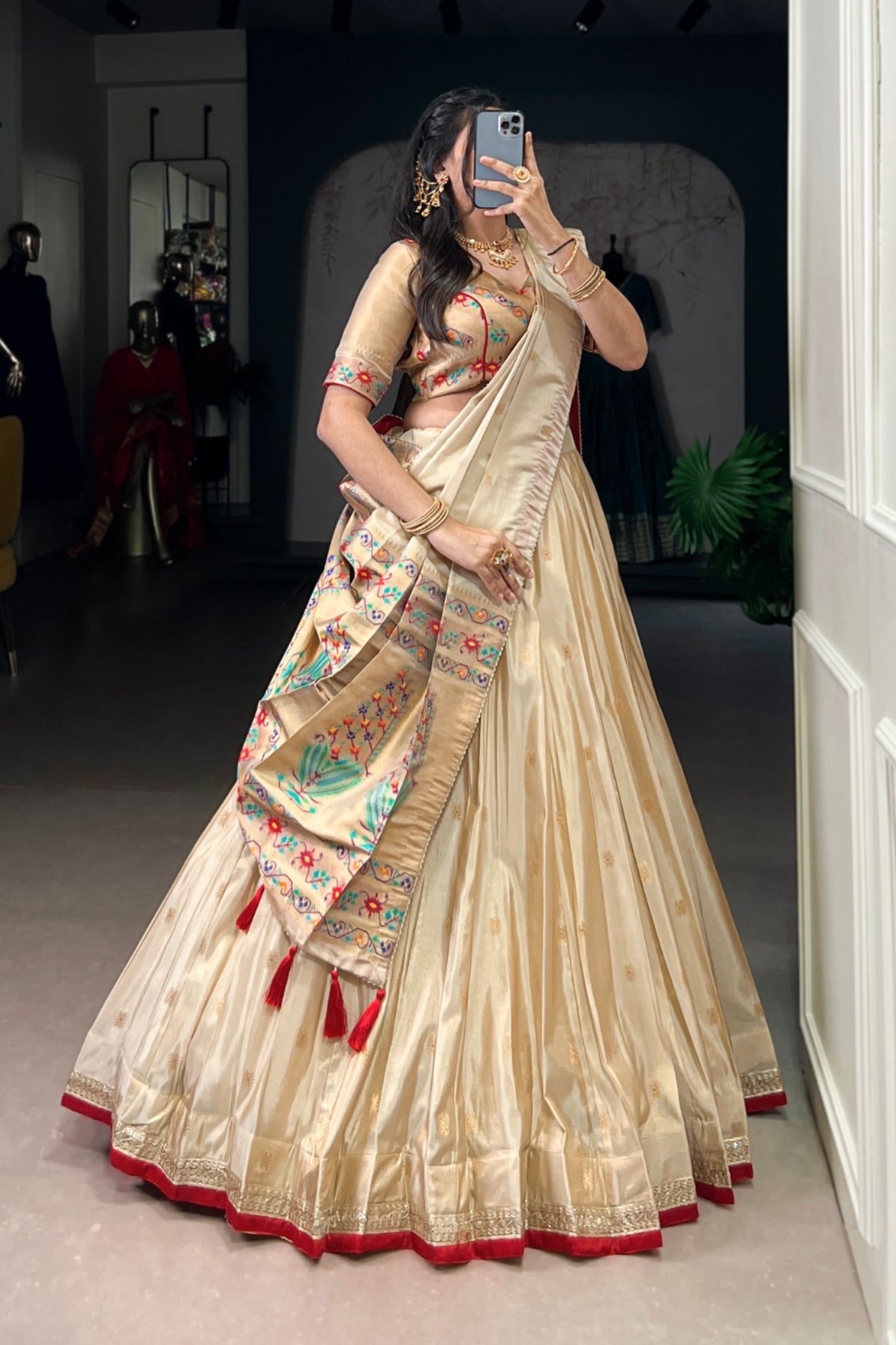 Red Designer Paithani Zari Weaving Shimmer Lehenga Choli With Dupatta