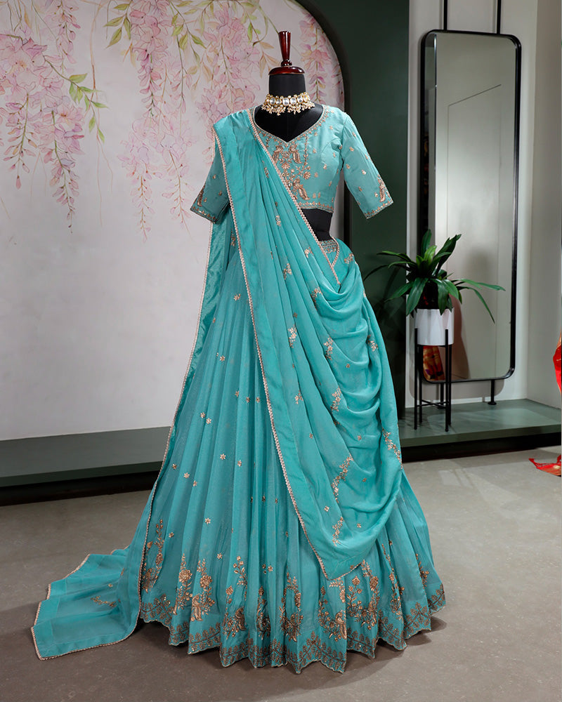 Sky Blue Gorgeous Star Georgette Embroidered Lehenga Choli for Women