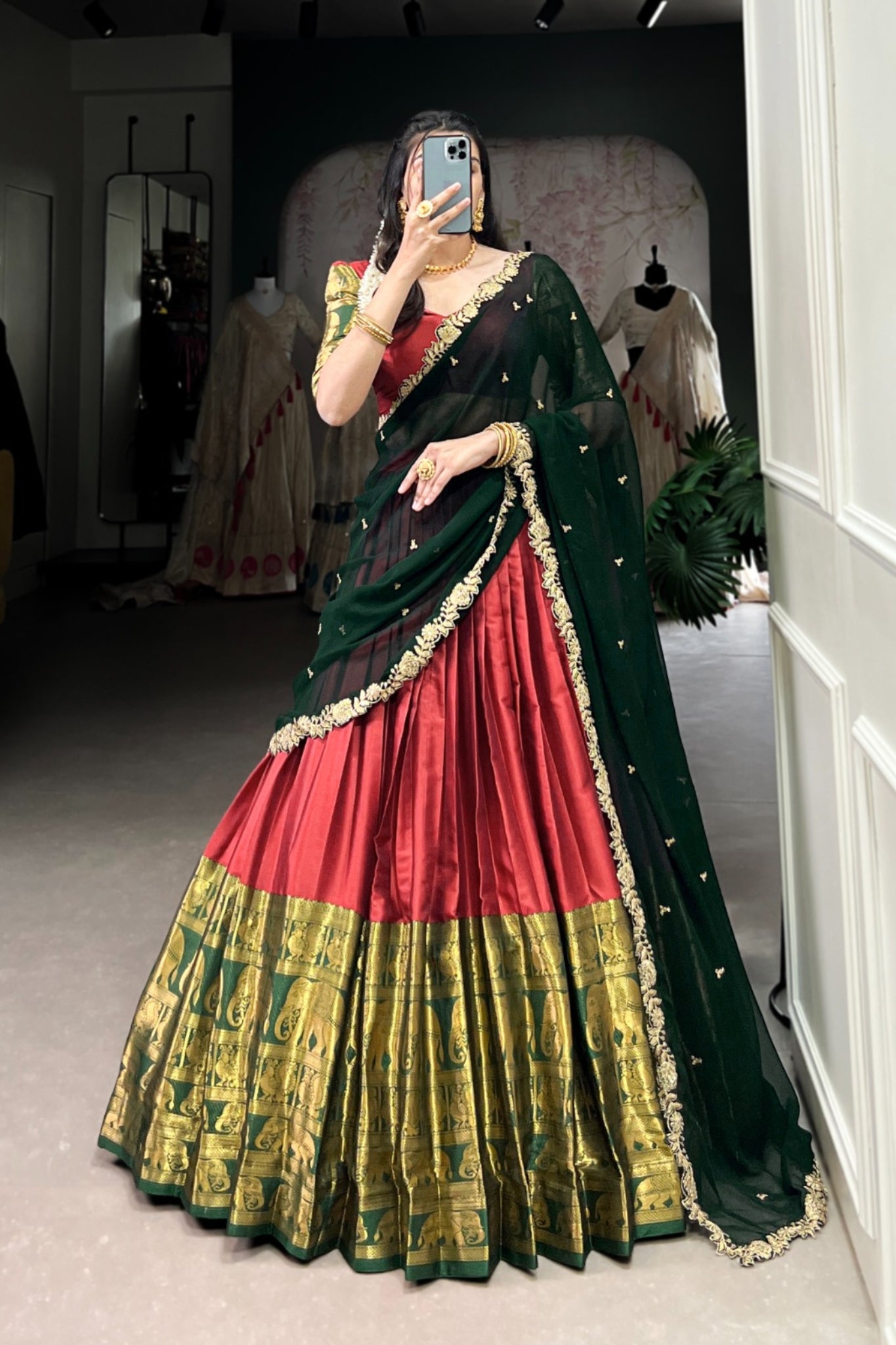 Red Tarika Narayan Pattu South Indian Lehenga Set